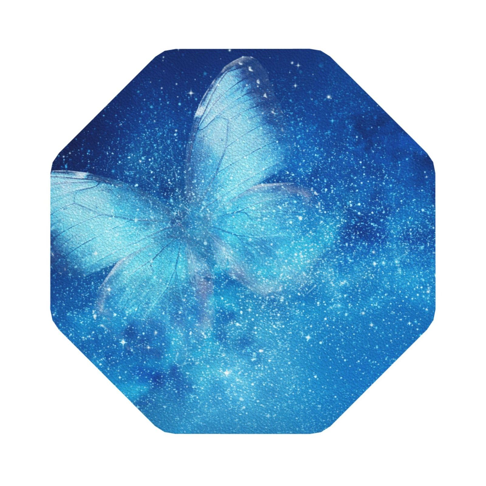 Blue Starry Butterfly PU Leather Coasters Set of 6 Octagon Drink Coasters