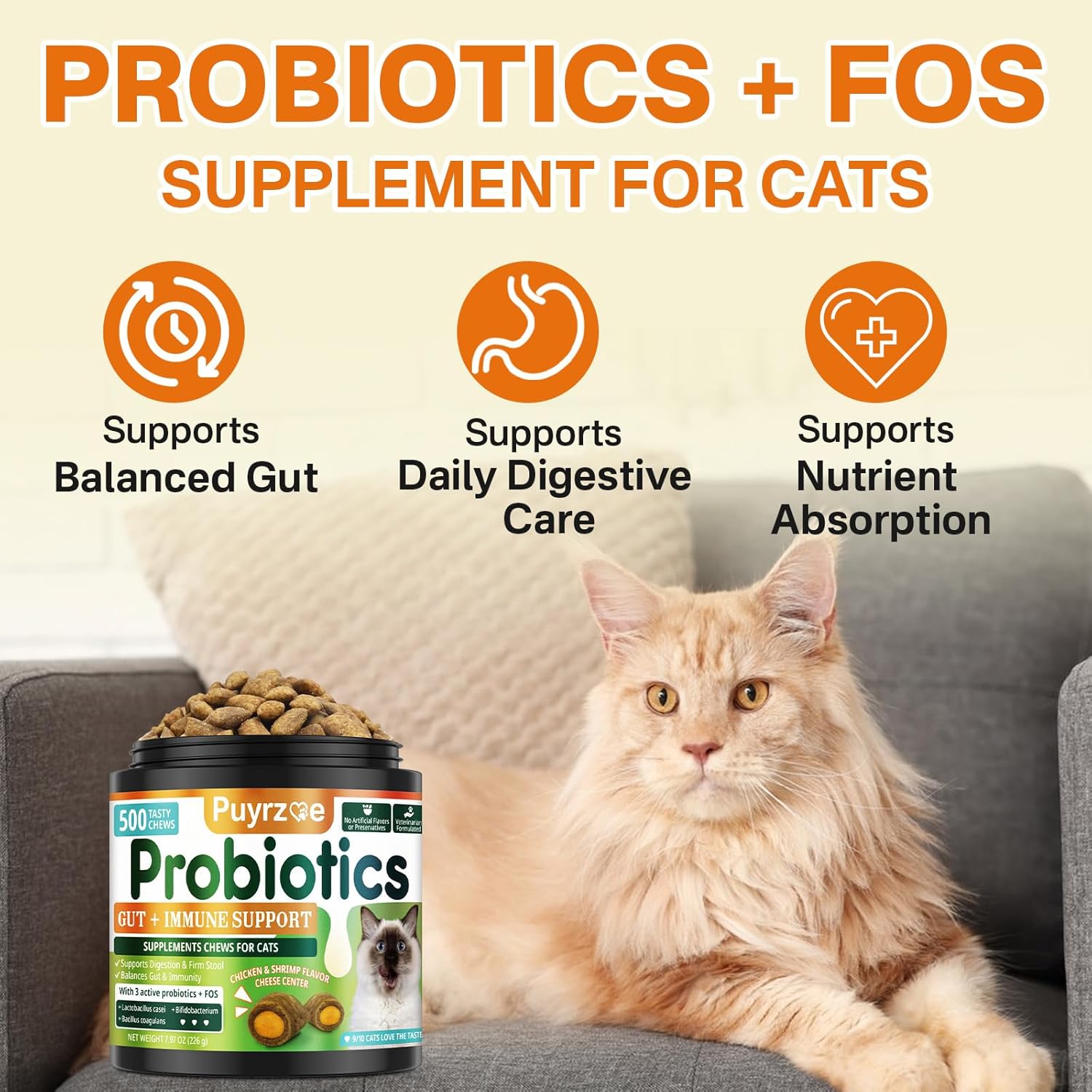 Cat Skin & Coat + Probiotics - 500 Chews Crunchy & Creamy Cheese Core with Omega-3, Vitamins C & E, Biotin for Skin Hydration - Coat Shine, Digestive & Immune Support for All Cats