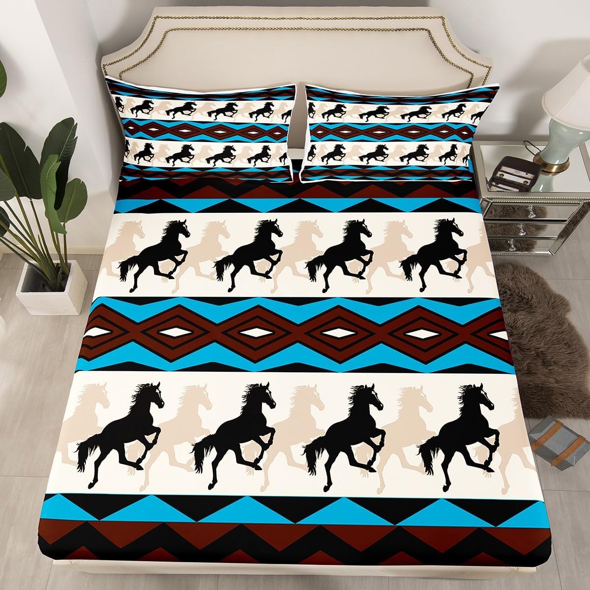 Feelyou Western Bedding Set Bohemian Aztec Bed Sheet Set Cowboy Cowgirl Horse Fitted Sheet for Kids Boys Girls Southwestern Native American Sheet Sets Retro Vintage Bedroom Decor Queen Size 4Pcs