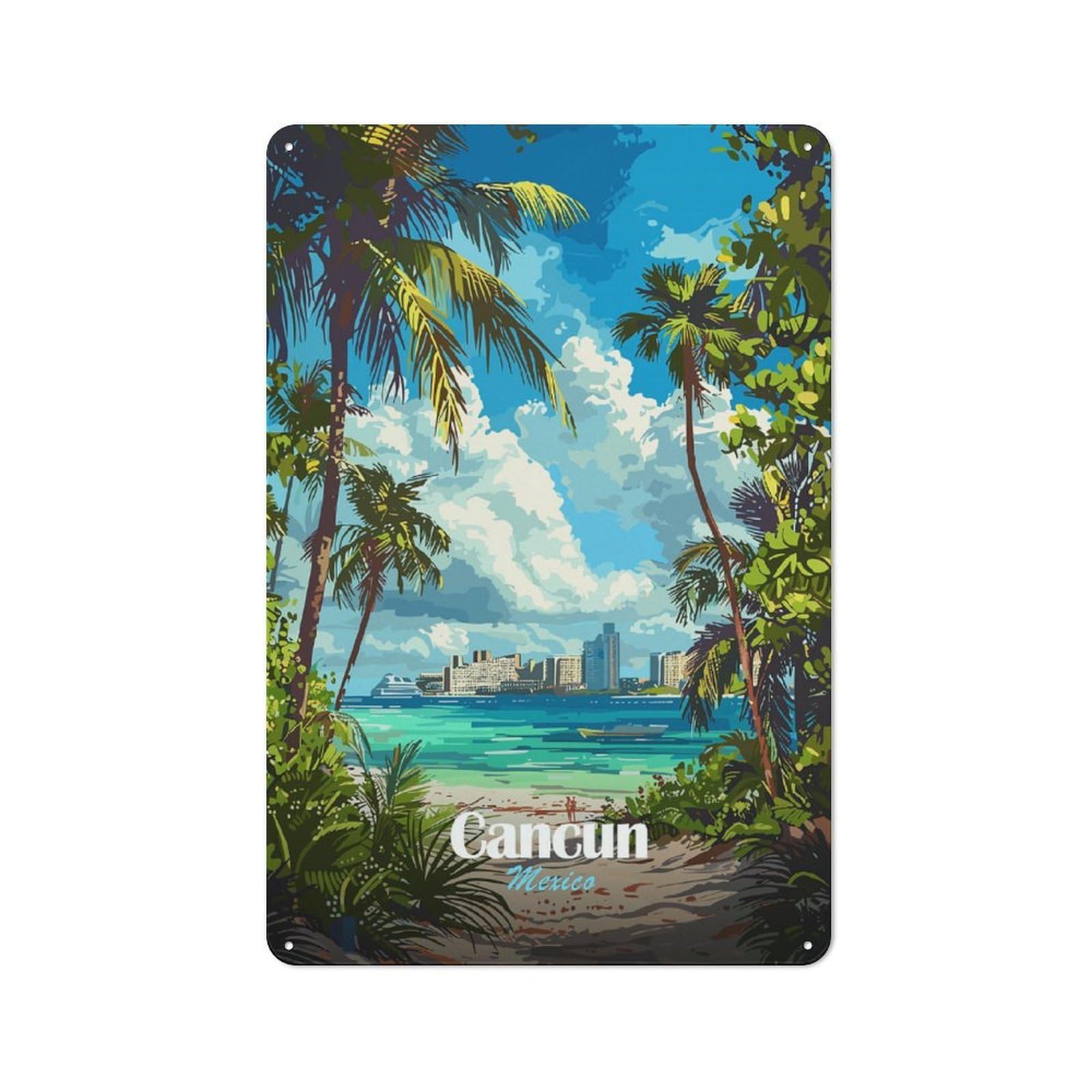 Junmoney Cancun Mexico Tropical Beach Illustration Metal Wall Sign 30X20cm, Clean Industrial Loft Wall Plaque For Workspace, Cafe, Hallway Or Garage