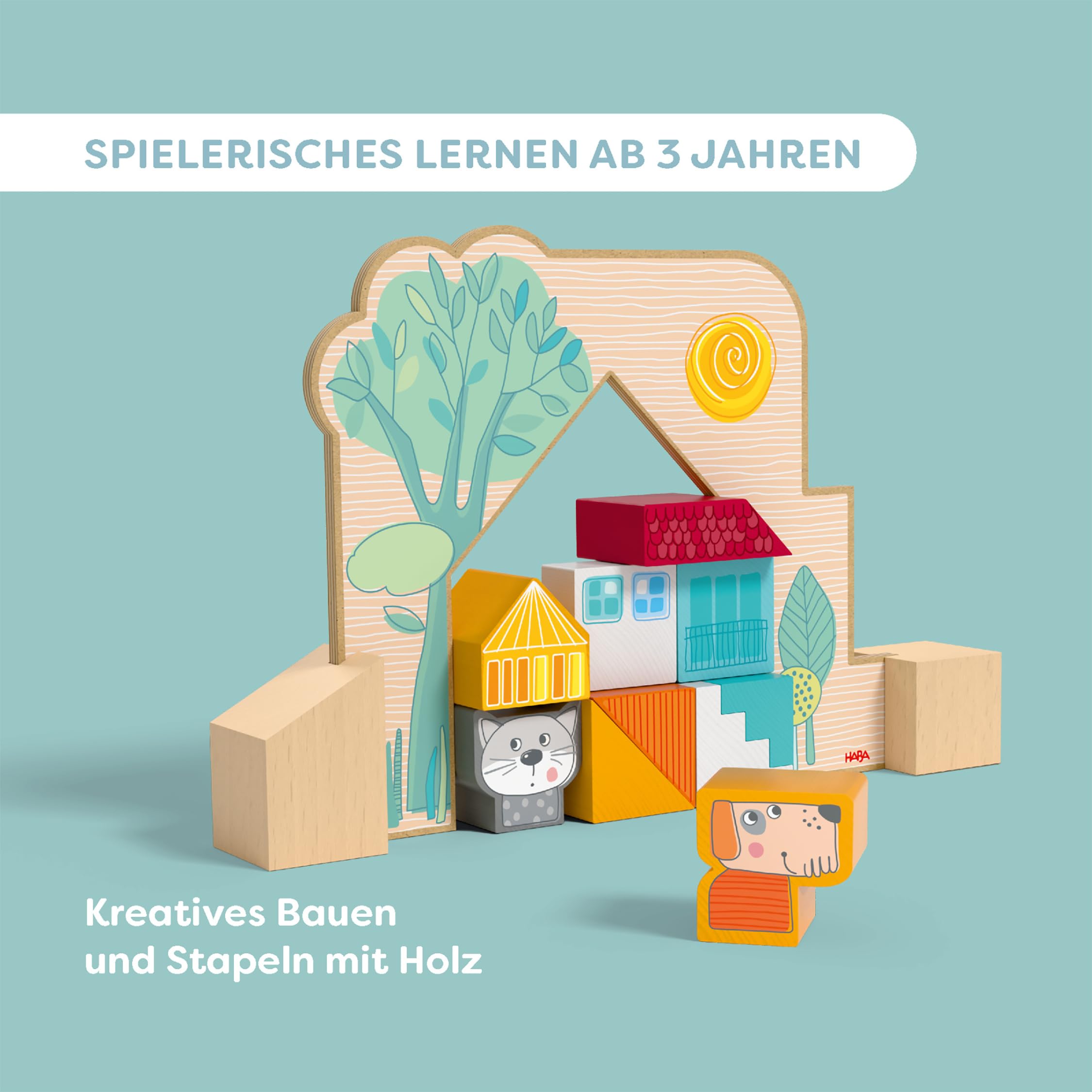 HABA Stapel- und Legespiel Bauspaß – 3D-Holzbausteine für Kinder ab 3 Jahren – Kreatives Konstruktionsspiel mit 20 Bausteinen & Vorlagekarten – 2012382001