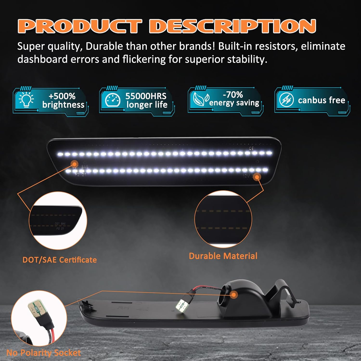 Side Marker Lights LED Compatible With 2005-2009 Ford Mustang, Smoked Lens Rear Bumper Lights, White Side Marker Lamp 2PCS