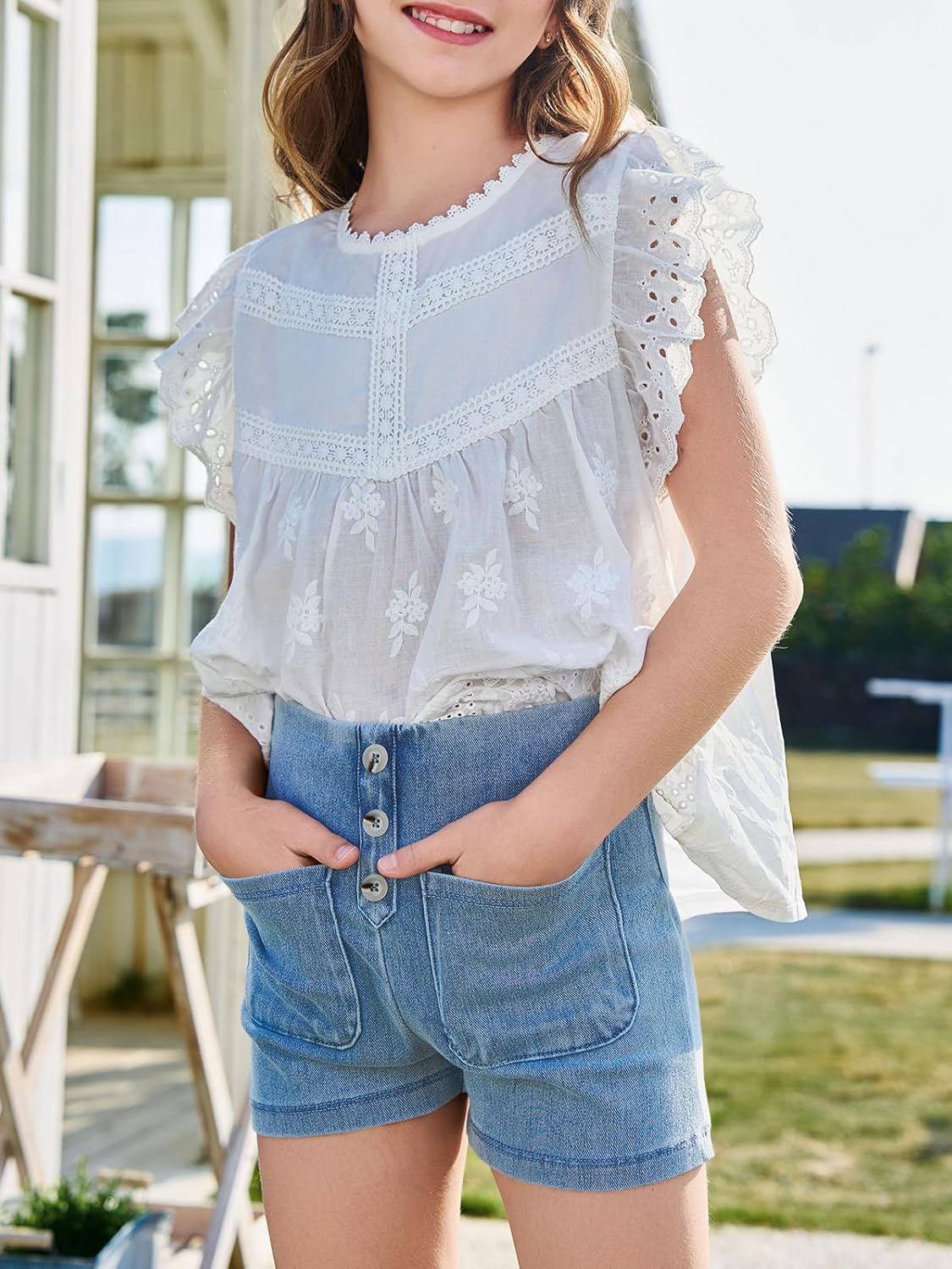 Haloumoning Girls Jean Shorts Kids Cute High Waist Shorts Button Summer Demin Shorts with Pockets 5-14 Years - Image 2