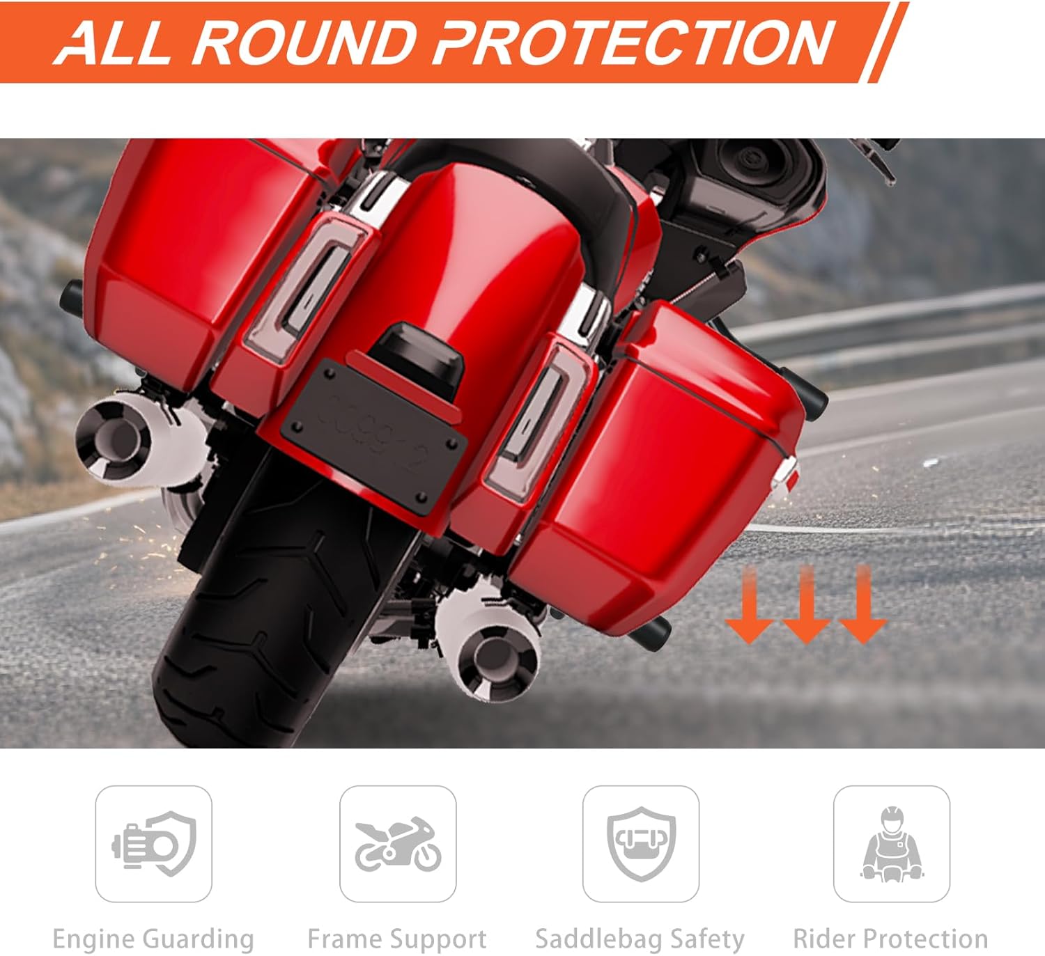 Saddlebag Guard Crash Bar for Harley 2014-2024 Touring Road Glide Street Glide Road King Electra Glide Ultra Limited Gloss Black with Saddlebag Support Rails