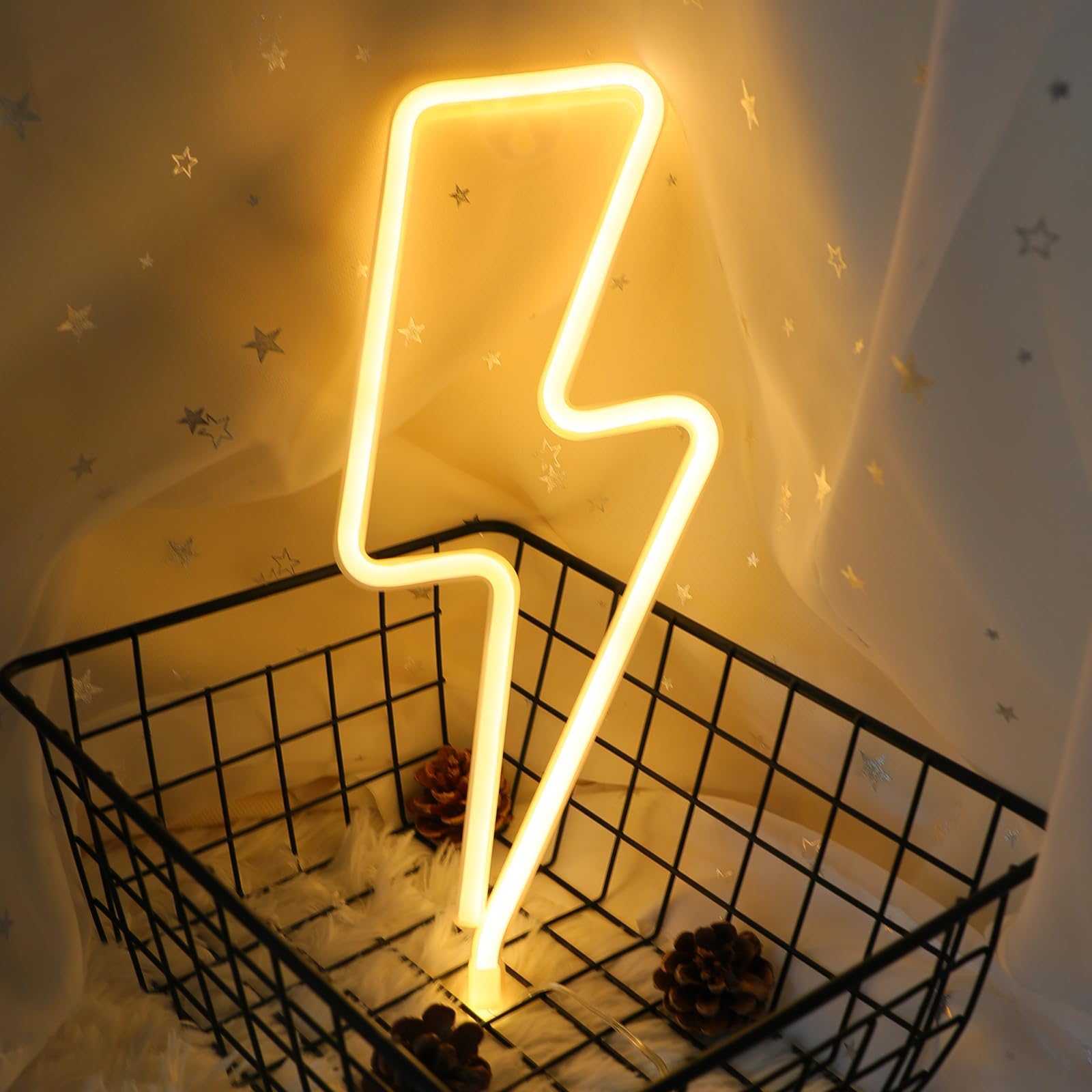 ENUOLI Neon Light Sign LED Lightning Shaped Night Light Wall Decor Light | Operated by USB/Battery with Warm White Neon Light for Christmas Birthday Party Kids Room Living Room Wedding Party Decor
