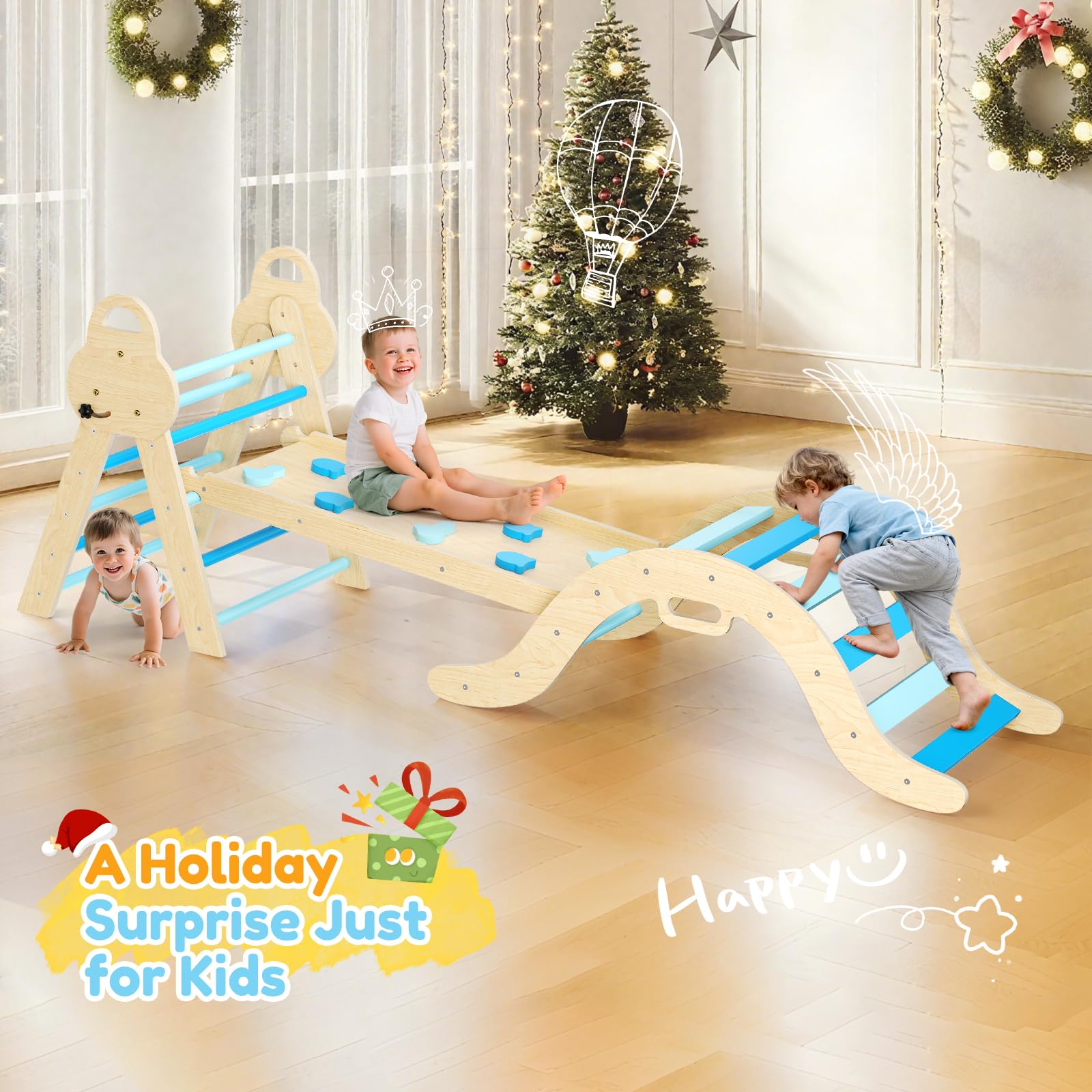 7-in-1 Montessori Indoor Spielset,Klettergerüst mit Rutsche, Bogen & Matte für Kleinkinder und Kinder（Blau）