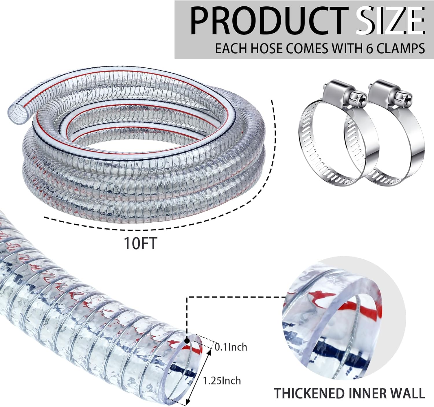Frienda Heavy Duty Steel Wire Flexible Tubing with Fasteners PVC High Pressure Oil Drain Hose Tube Clear Wire Reinforced for Pond Marine Bilge Pump Garden Pool(10 Ft, 1-1/4Inch Id)