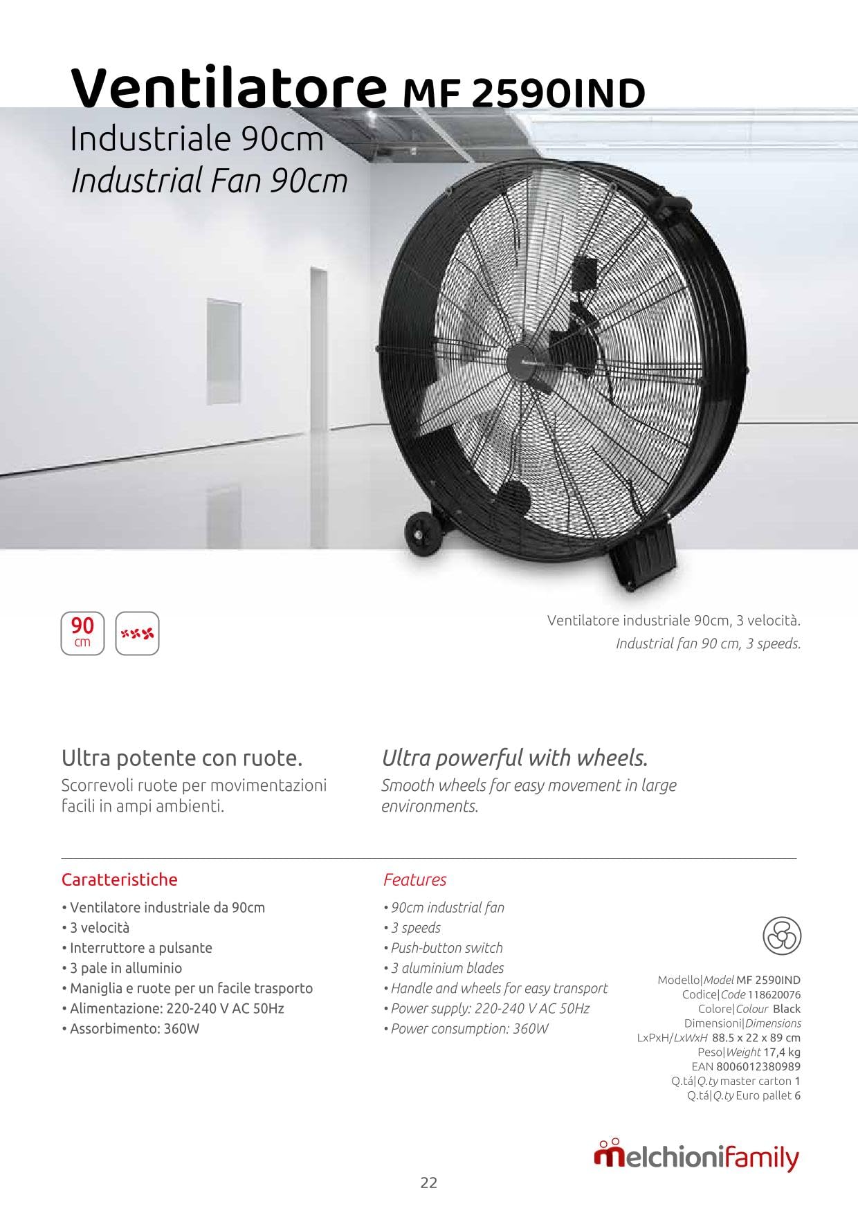 MF2590INDMelchioniFamily Ventilatore Industriale 90 cm con Ruote Ultra Potente 360W 3 Velocità 3 Pale in Alluminio Portatile con Maniglia Ventilatore Professionale per Capannoni Officine e Magazzini