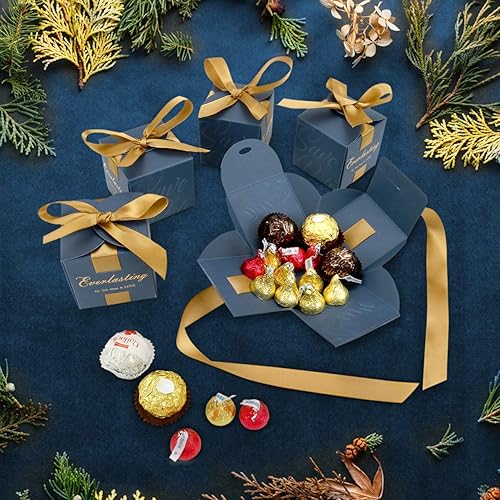 Miniatura 8 de Yoption 50 cajas de dulces para fiesta de boda, 2.5 x 2.5 x 2.5 pulgadas, color azul marino, caja de recuerdos de boda con cintas para decoración de