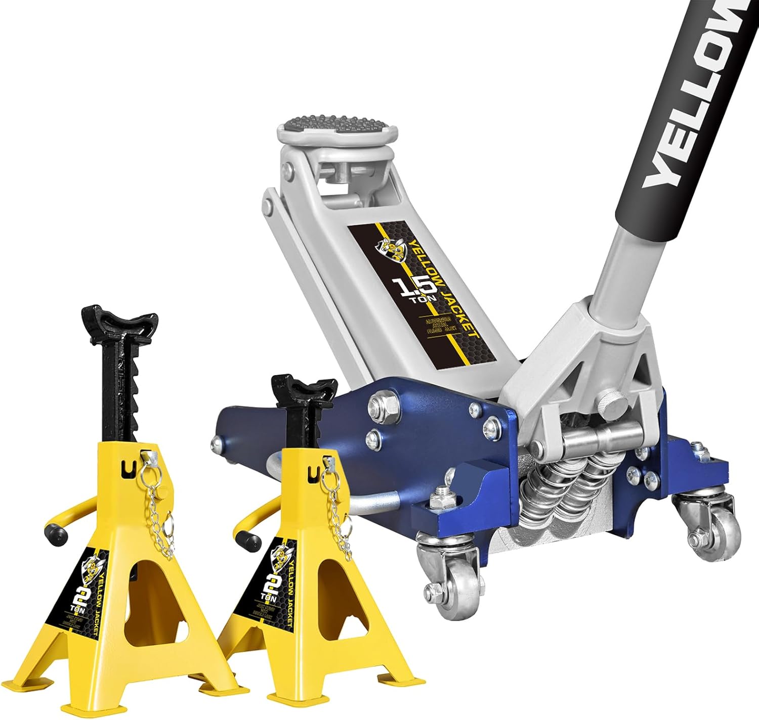 YELLOW JACKET 1.5 Ton Floor Jack Aluminum and Steel Lightweight Low Profile Car Jack 2 Ton Jack Stand with Double Locking and Large Foot Base