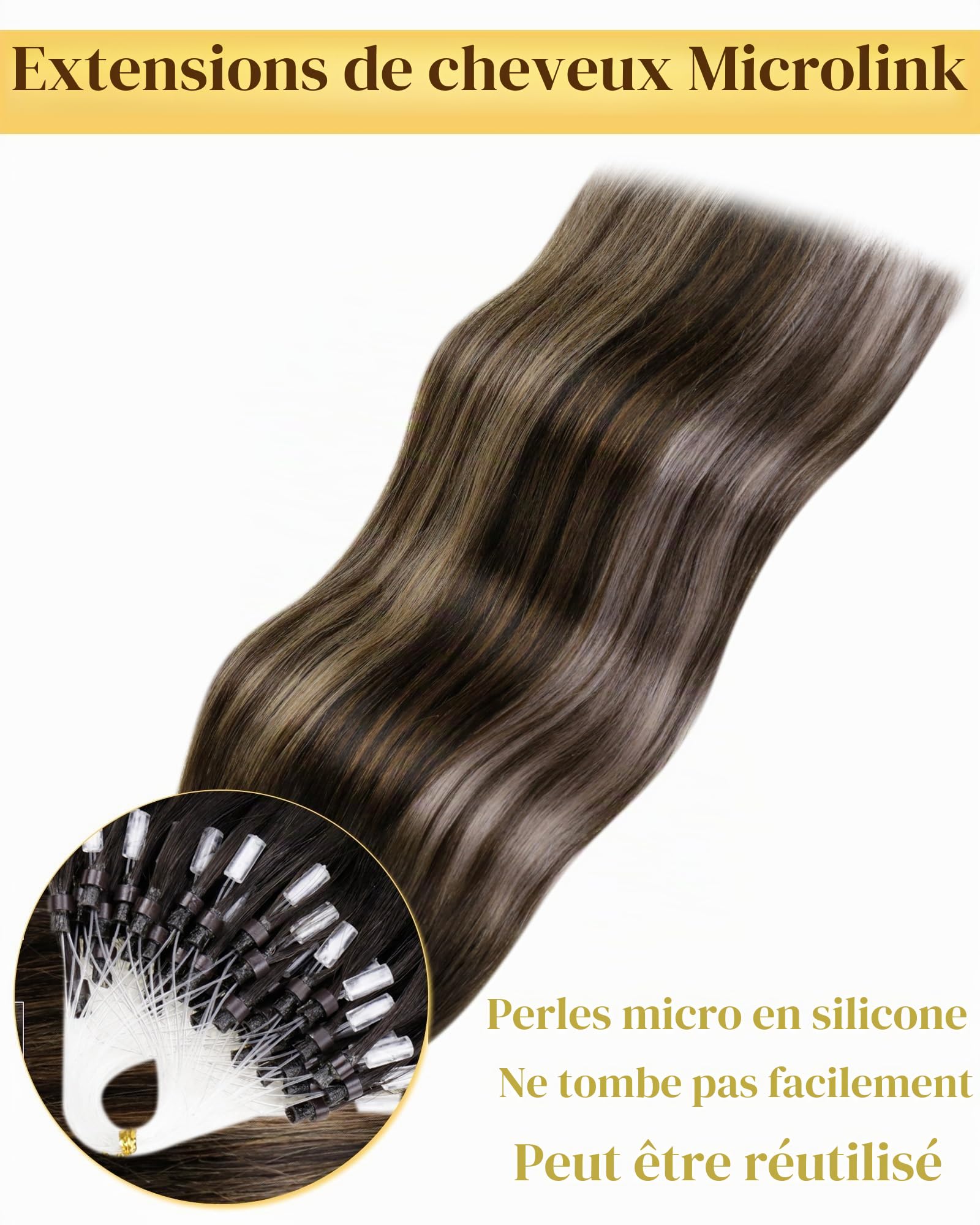 Hetto Extensions Cheveux Naturel a Froid – Balayage Brun Fonce & Brun Dore – Interieur Silicone Anti-Glisse – Invisible, Sans Colle Micro Ring Loop – Longueur & Volume 50 Meche 40g 30cm | 50 Mèches 50g 100% Remy Cheveux, Invisible Anneau Avec Silicone Ext