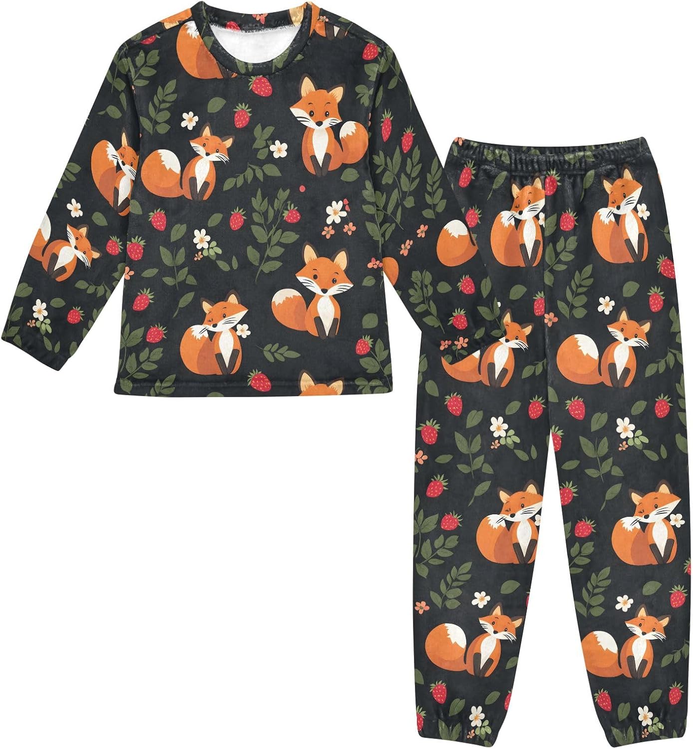 Kids Flannel Sets Fox Strawberry Flowers Warm Plush Relaxed Clothing for Boys and Girls