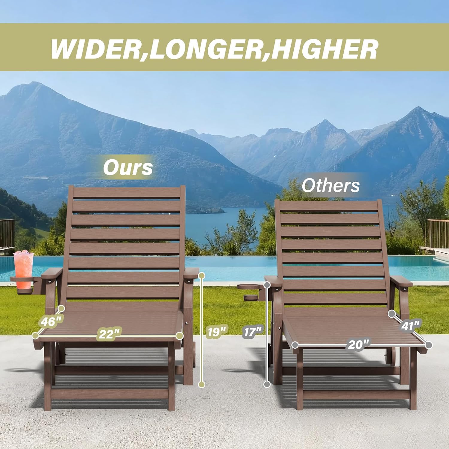 5-Position Adjustable Patio Chaise Lounge - 78'' HDPE Outdoor Lounger with Rolling Wheels & Cup Holder, Longer, Wider, Higher - Perfect for Poolside & Deck, Brown