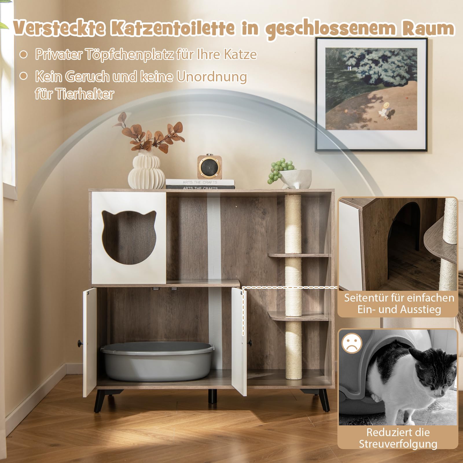 GYMAX Katzenklo Schrank, 5-in-1 Katzenschrank mit Katzenhaus, Sisalstamm & Katzenklo, Katzentoilette Schrank für 2 Katzen 100 x 51 x 91 cm