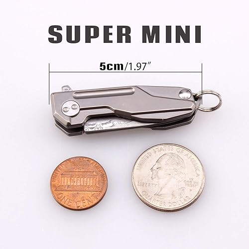 Miniatura 7 de Samior HY002 - Cuchillo plegable ultra pequeño de bolsillo, hoja de damasco VG10 de 1.3 pulgadas, cerradura de marco de mango de titanio gris, mini