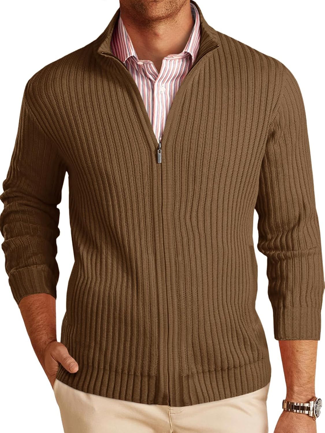 Runcati Mens Full Zip Cardigan Sweater Casual Mock Neck Ribbed Knitted Winter Chunky Sweaters