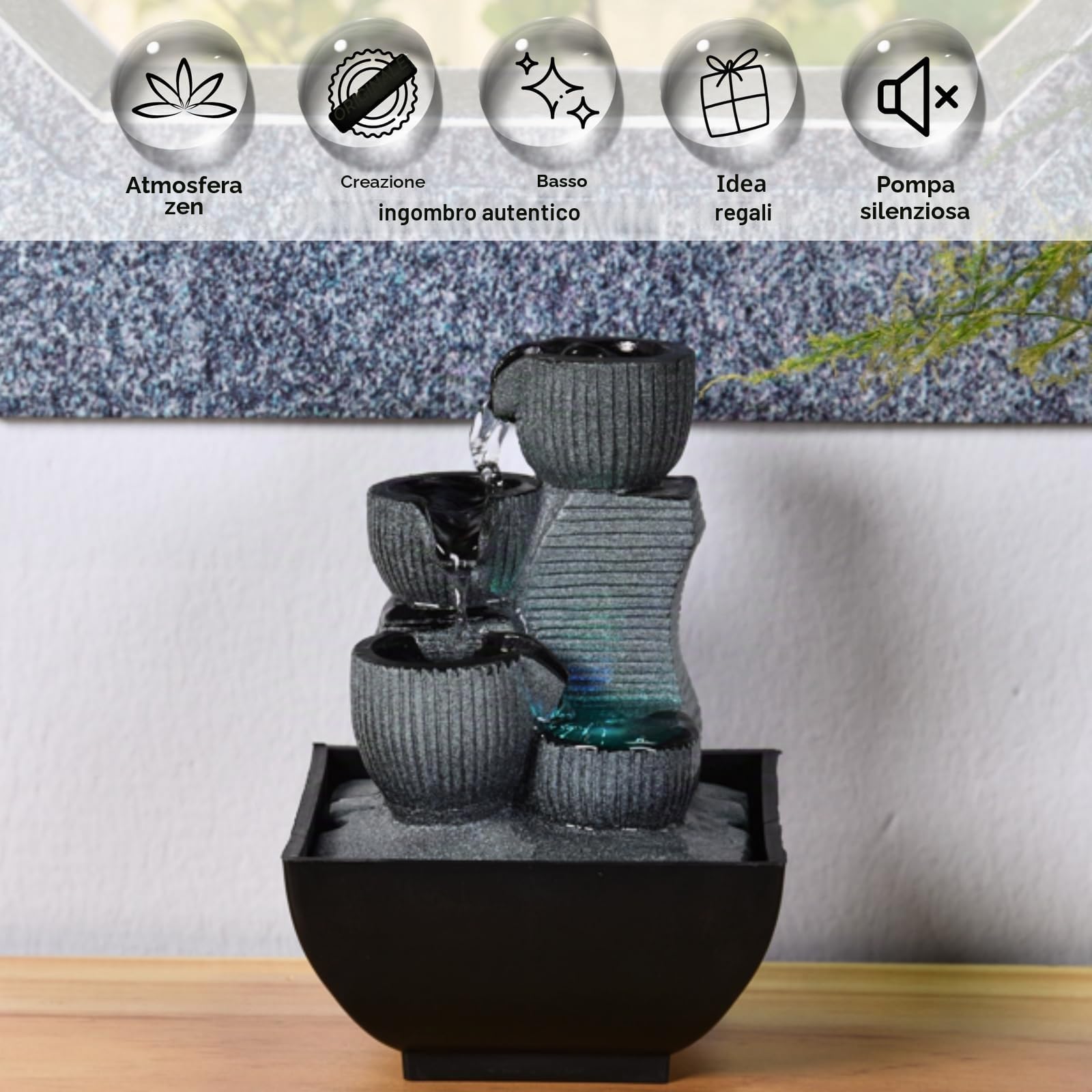 Zen Light - Kini, Fontana da Interno con Pompa e Illuminazione a LED, in Resina, Taglia Unica