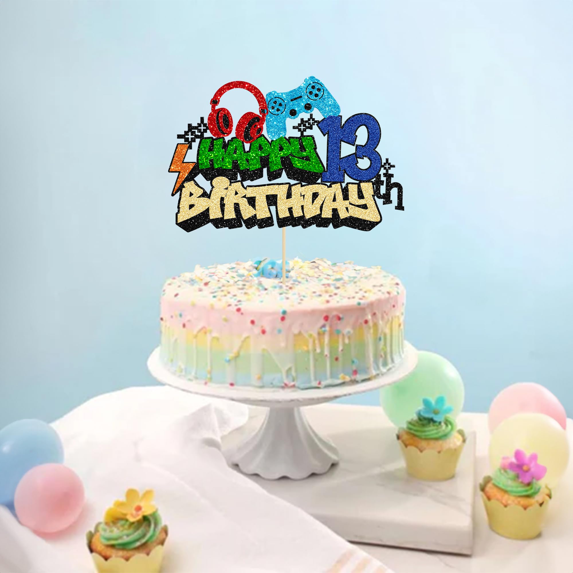 Gyufise 1Pcs 13th Birthday Video Game Cake Topper Gaming Level Unlocked Game On Controllers Cake Pick Decorations Game Theme Baby Shower 13th Birthday Anniversary Party Cake Decorations 3
