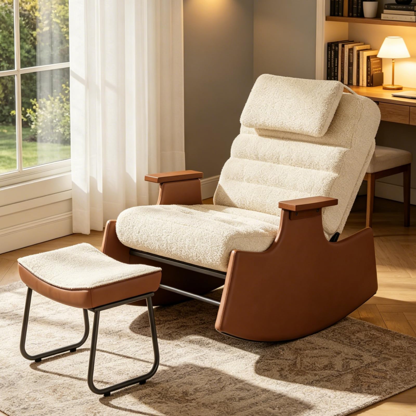 Mecedora con taburete, color beige, mecedora con reposapiés y 3 respaldos ajustables, sillón acolchado con reposabrazos y reposacabezas, silla de relax para salón, moderna, piel de cordero (beige +