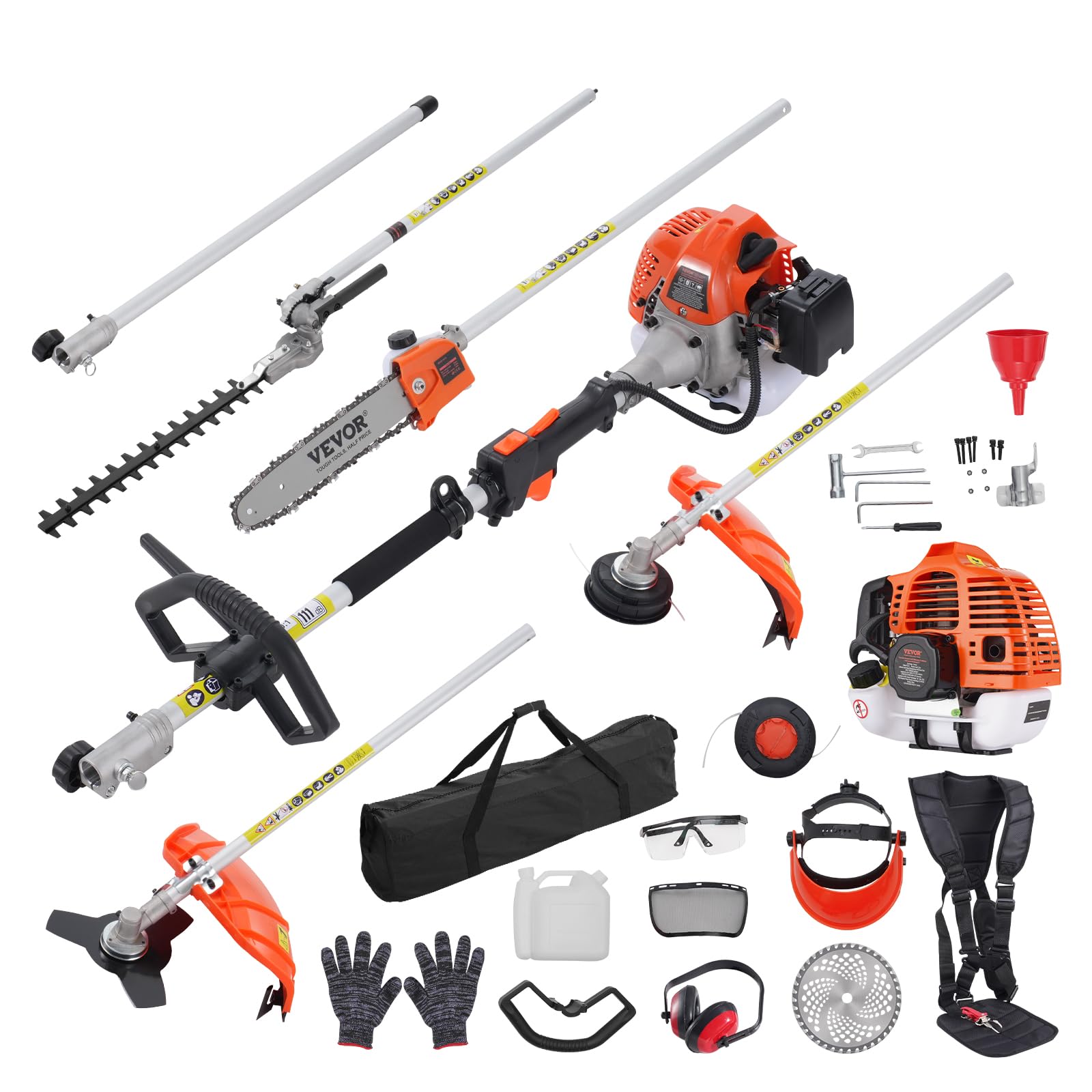 VEVOR 43cc 6-in-1 Multi-Functional Trimming Tool, Hedge Trimmer, Weed Eater, String Trimmer, Brush Cutter, Edger, Pole Saw Chainsaw Pruner with Extension Pole, w/EPA, CE and EMC Certification