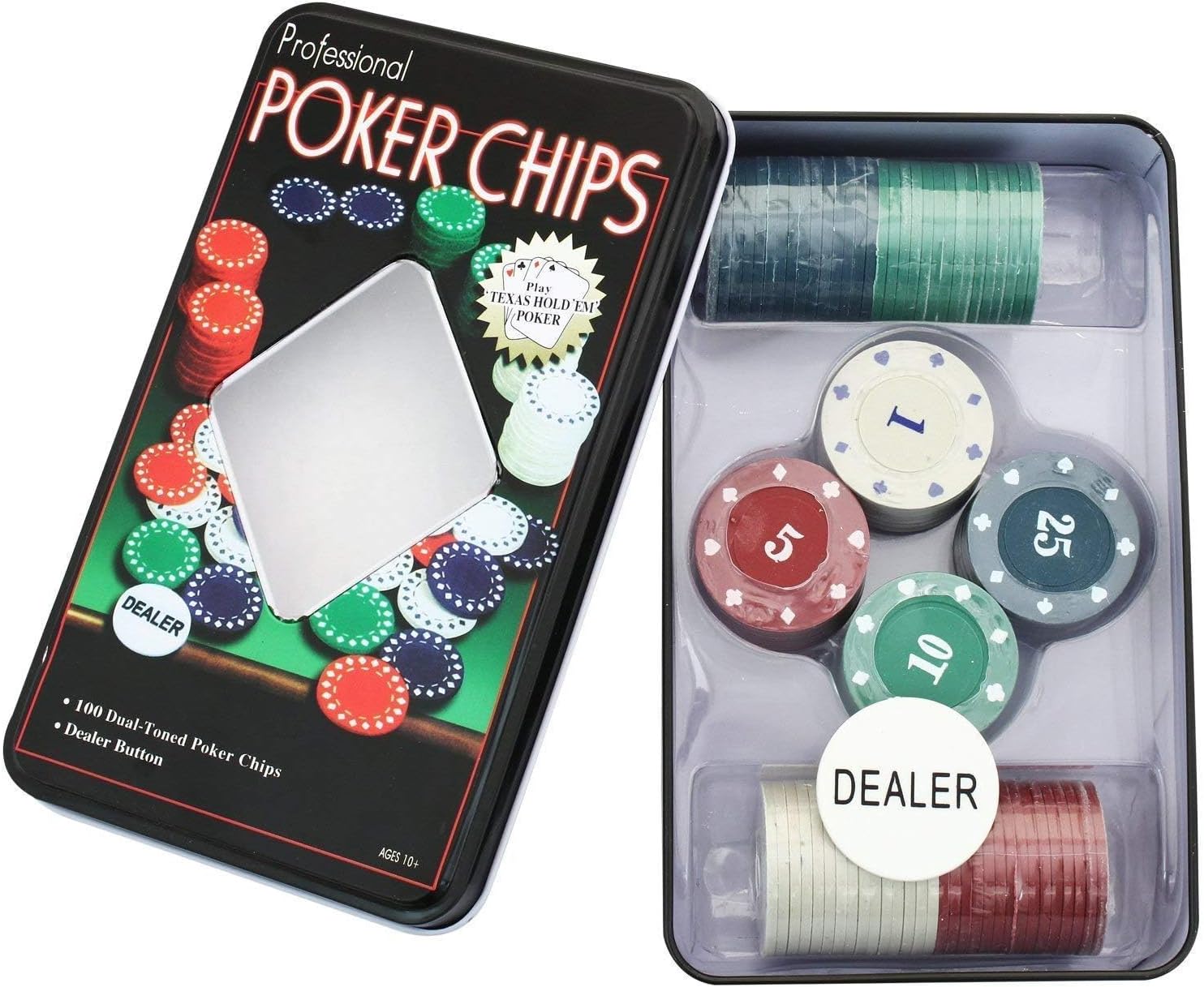 VGRASSP 100 Pcs Poker Chips Set with 1 Dealer Button for Poker Game Toy for Kids, Adults - Packed in Tin Case with Instruction Manual - Have More Fun and Enjoyment with Family and Friends