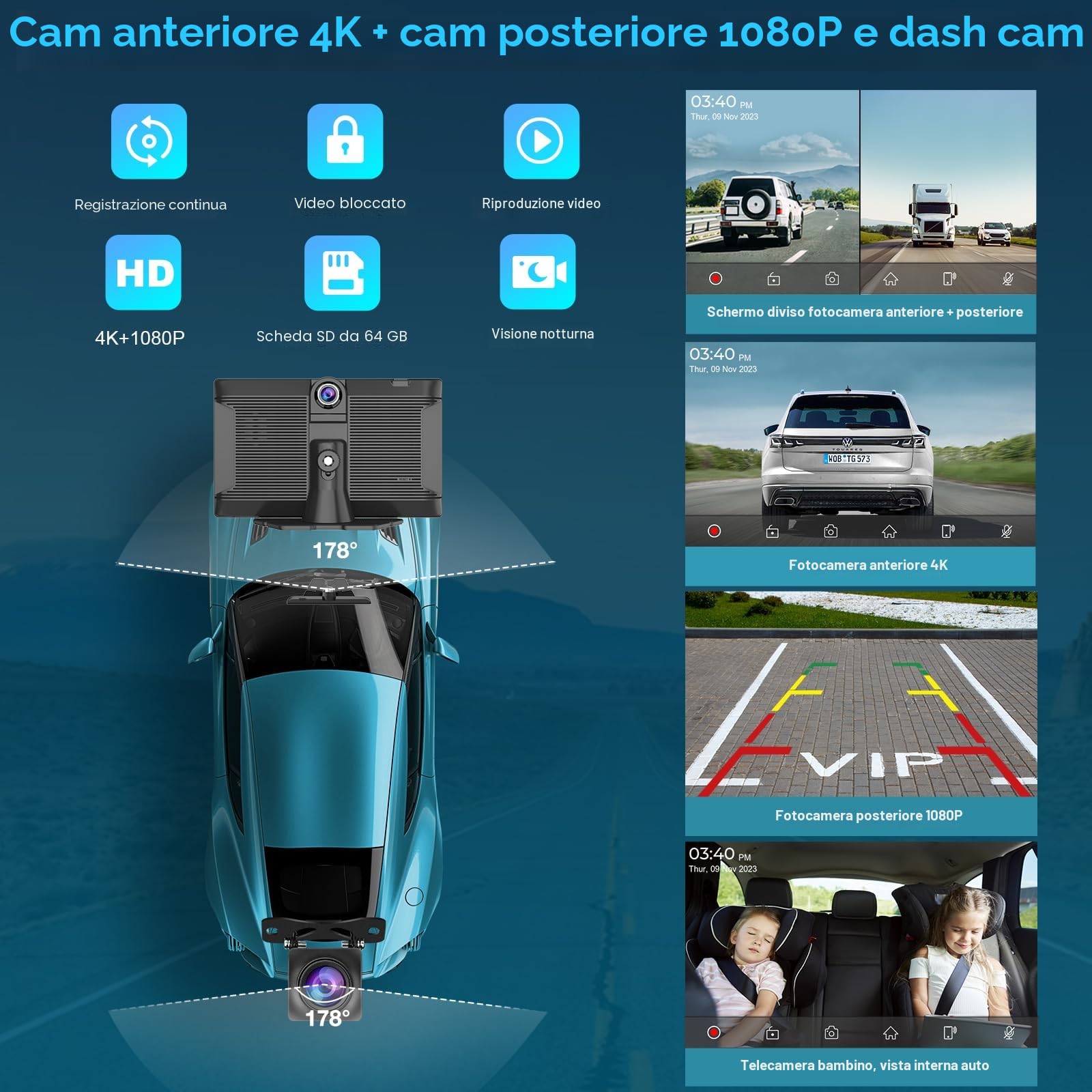 Carpuride W905 Carplay Schermo con Dashcam, Senza Fili Carplay & Android Auto, 9" Touchscreen HD Portatile, 4K Fotocamera Anteriore & Backup, Registrazione Loop, Bluetooth, Mirror Link, GPS, Siri.