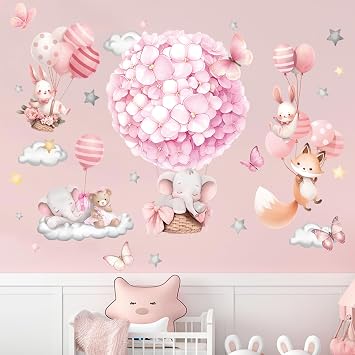 Animals Hot Air Balloon Wall Stickers - Elephant Bear Fox Wall Decals - Girls Bedroom Baby Nursery Kids Room Wall Decor