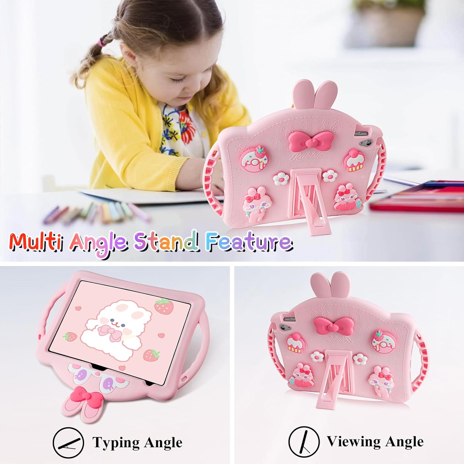 VOFUOE for iPad 10th Generation Case 10.9 Inch 2022 Kids Girls for iPad A16 Case 11th Generation 2025 with Screen Protector Shoulder Straps Handle Cute Rabbit Soft Silicone Tablet Cover-Pink