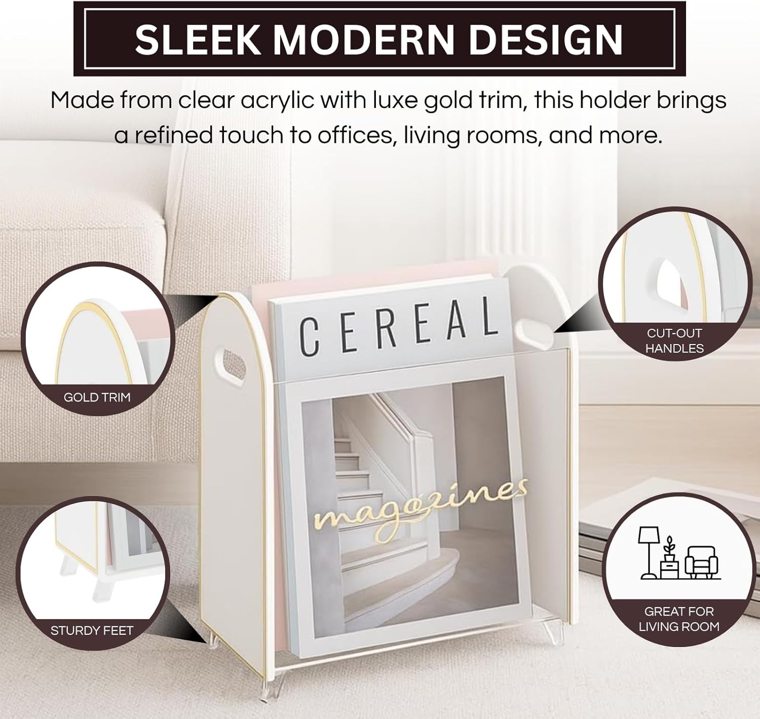 Khen Acrylic Magazine Holder with Gold Trim - 12.40" x 10" x 4.49" - Crystal Clear Holder - Shatterproof - Open Top - Space Saver - For Magazines, Publications, Office Desk, Reception, Waiting Room