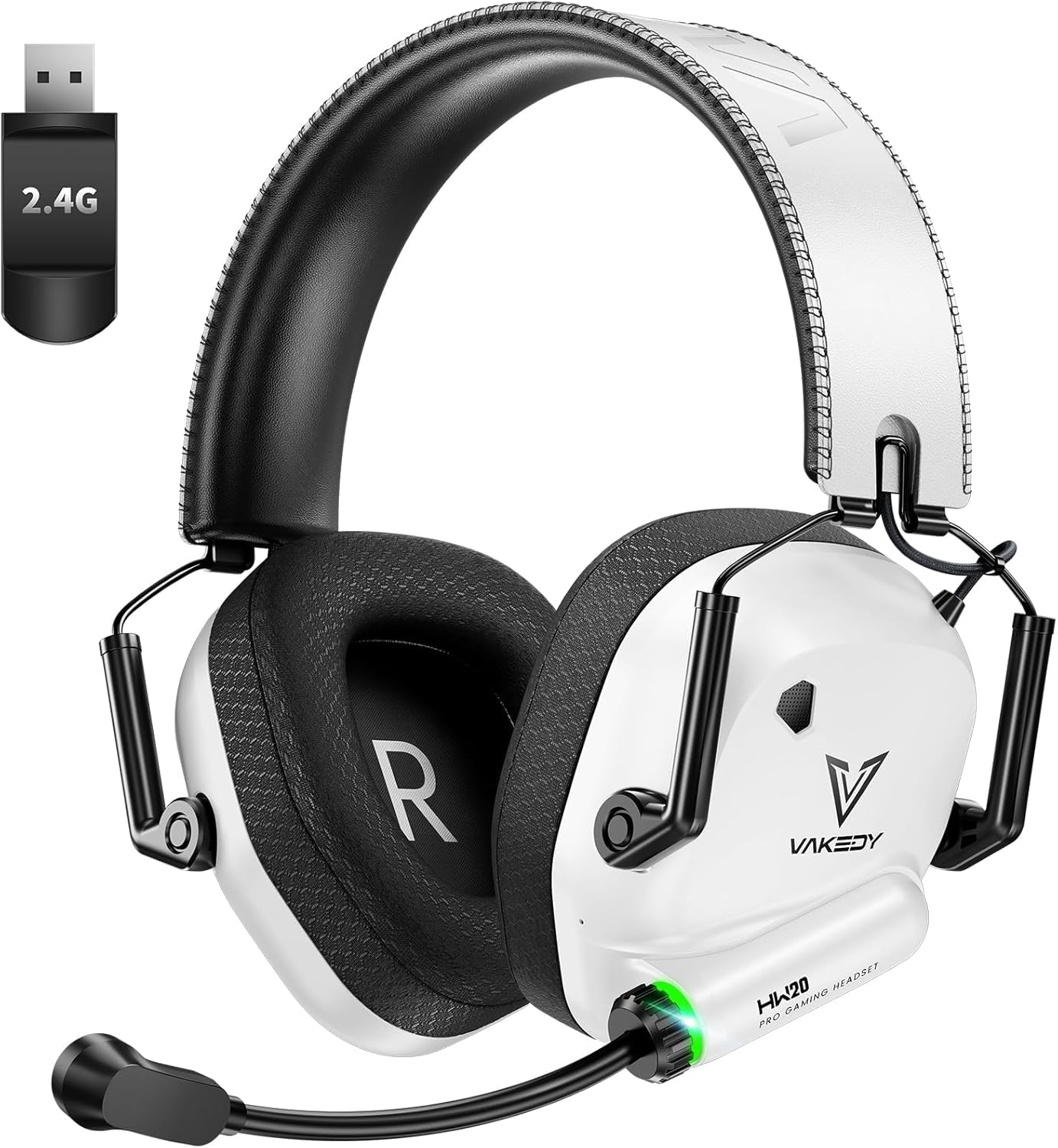 Vakedy Cuffia Gaming Wireless per PC, PS4, PS5, Mac, Switch Auricolare Gaming 2.4GHz USB con Microfono Bluetooth, Driver da 50mm, Batteria da 50 Ore, Bassa Latenza, Leggero (Bianco)