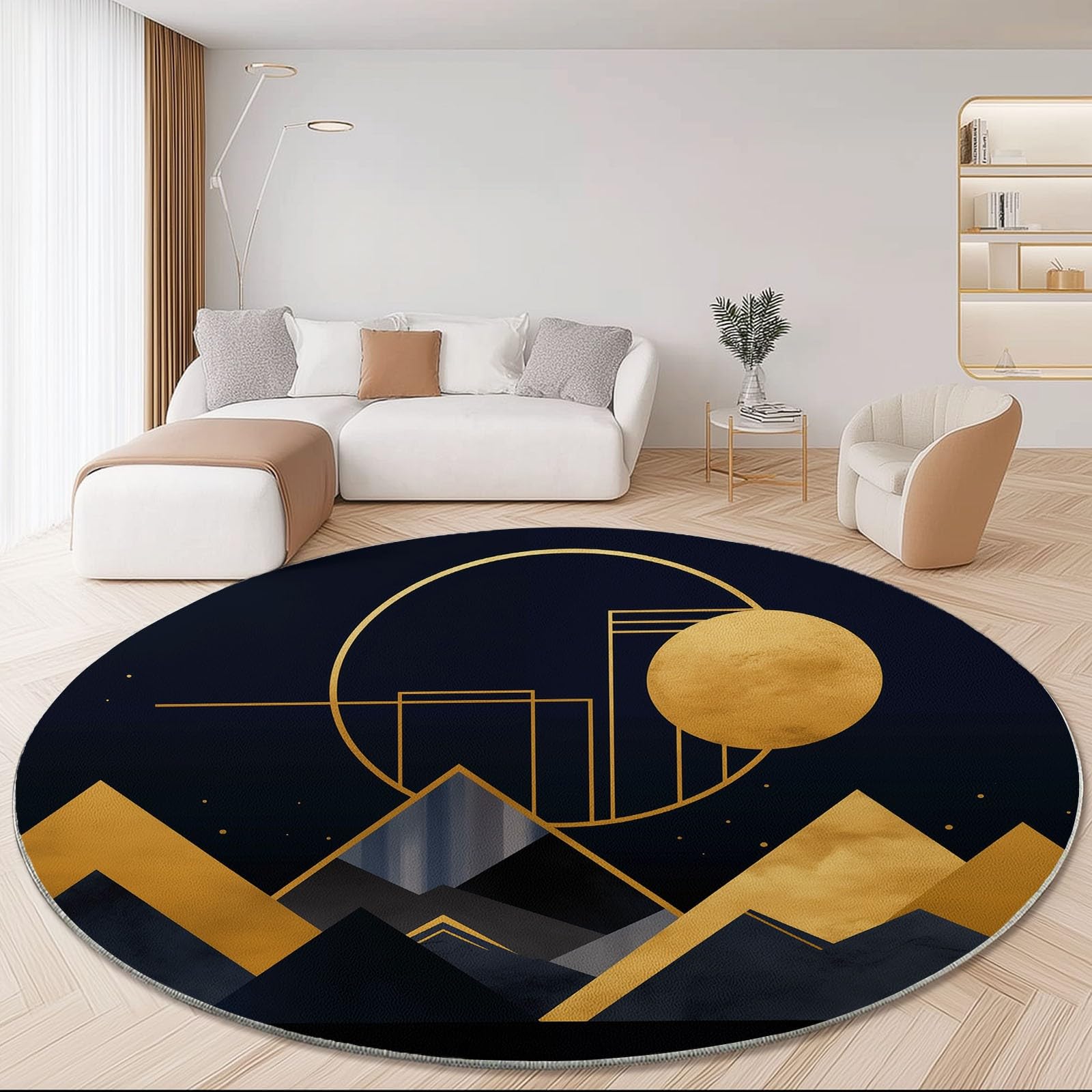 Tapis Rond en Flanelle Noir et Doré de 120 cm de Diamètre, Motif Géométrique de Lune et Triangles Abstraits, Tapis Décoratif à Poils Ras Doux et Antidérapant pour Salon Moderne, Chambre ou Balcon