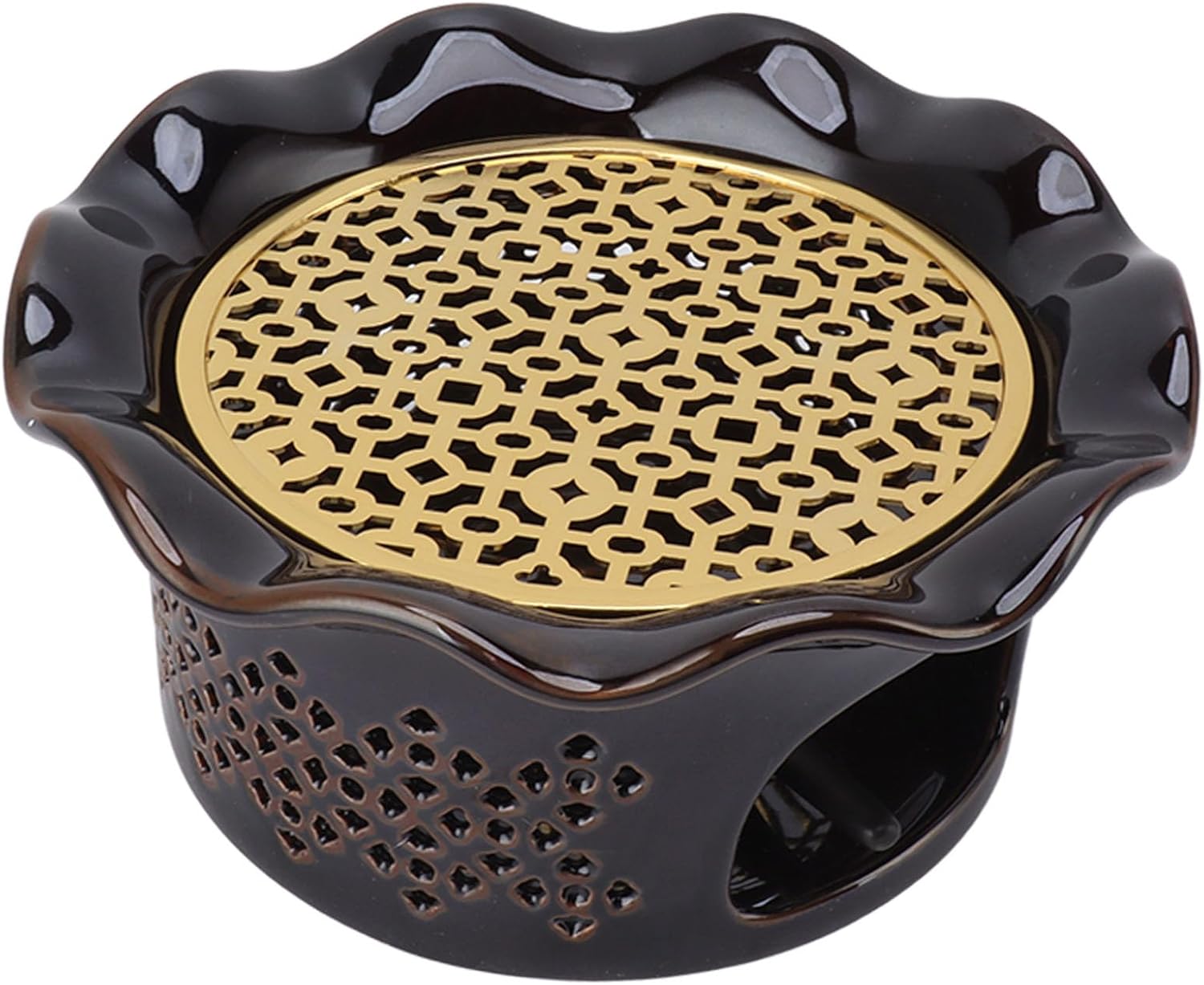 Ceramic Alloy Teapot Warmer with Tea Light Holder, Tea Warmer for Keeping Tea Coffee Warm, Hollow Out Flounce Design Teapot Mat, Stable Support for Various Teapots, Black Copper Br