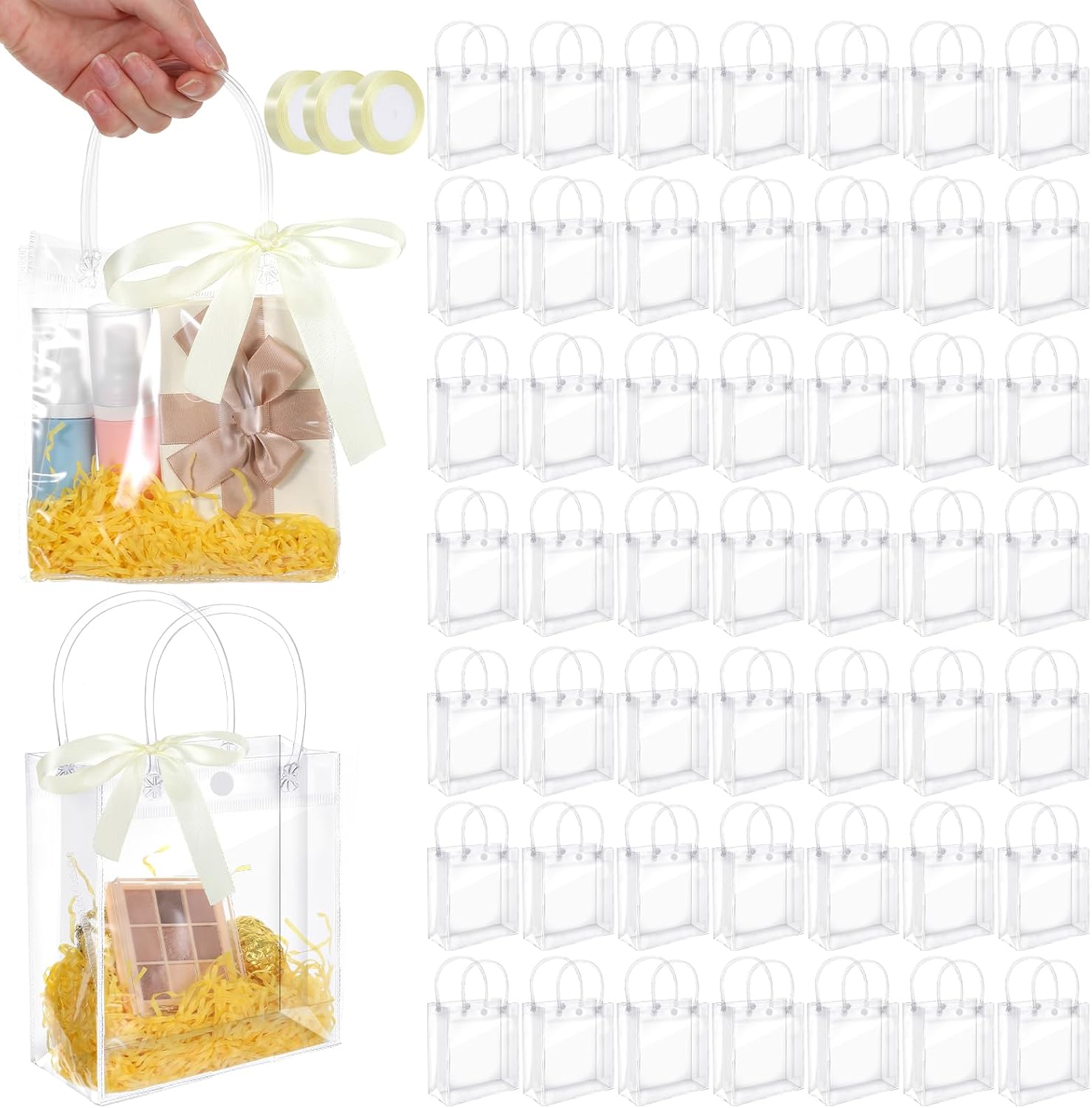 Yuanan 50 Pack Clear Gift Bags with Handles, Clear Plastic Gift Party Favor Bags, Mini Baskets for Gifts Reusable PVC-Bags with Ribbon(6.3" x 5.9" x 2.6")