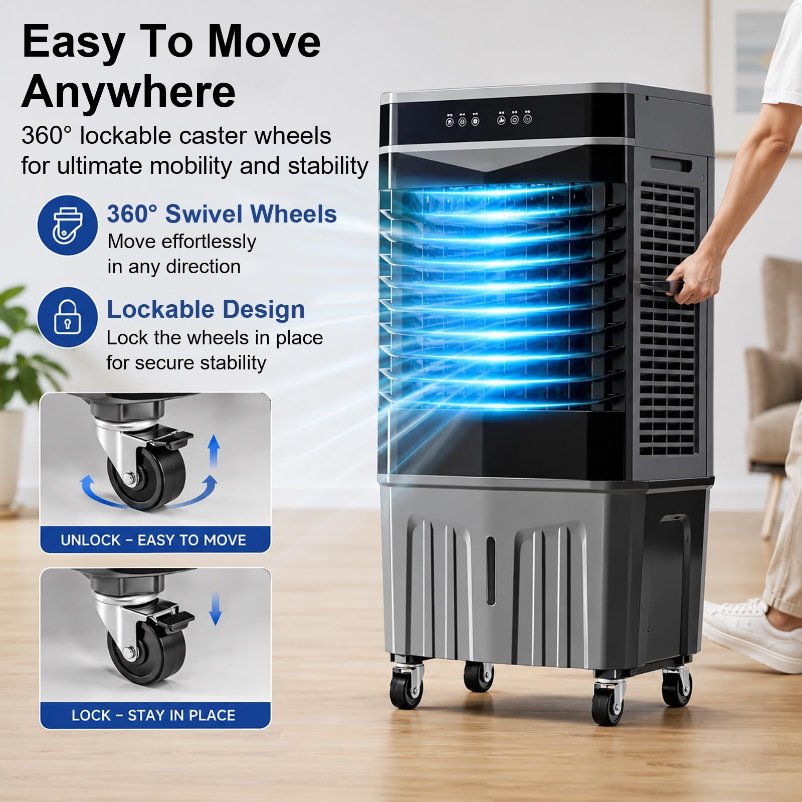 Climatizador Evaporativo Industrial 5500 CFM, Aire Portatil Acondicionado con Depósito de Agua de 60 L, 4 Paquetes Hielo, Control Remoto y Temporizador 8 Horas, Apto para Uso Comercial