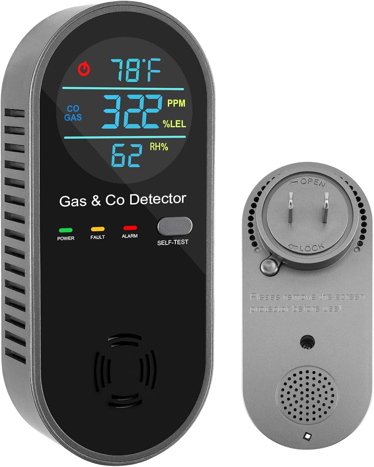 1 Pack 4-in-1 Plug-in Carbon Monoxide Detector with Voice Alerts, Combination Gas & Carbon Monoxide Detector, Portable CO Alarm with Fahrenheit(°F) & Humidity Sensor for Home, Hotel, RV, Easy Setup