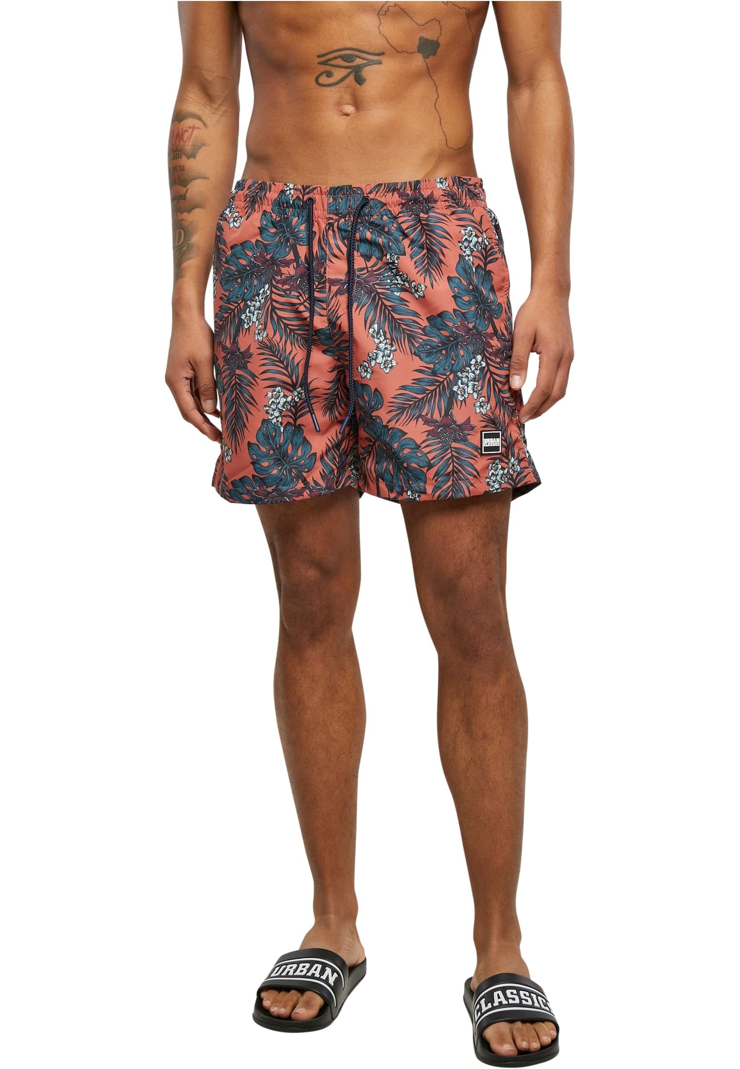 Urban Classics Pattern Swim Shorts Palm Männer Badeshort schwarz/Oliv Basics, Streetwear
