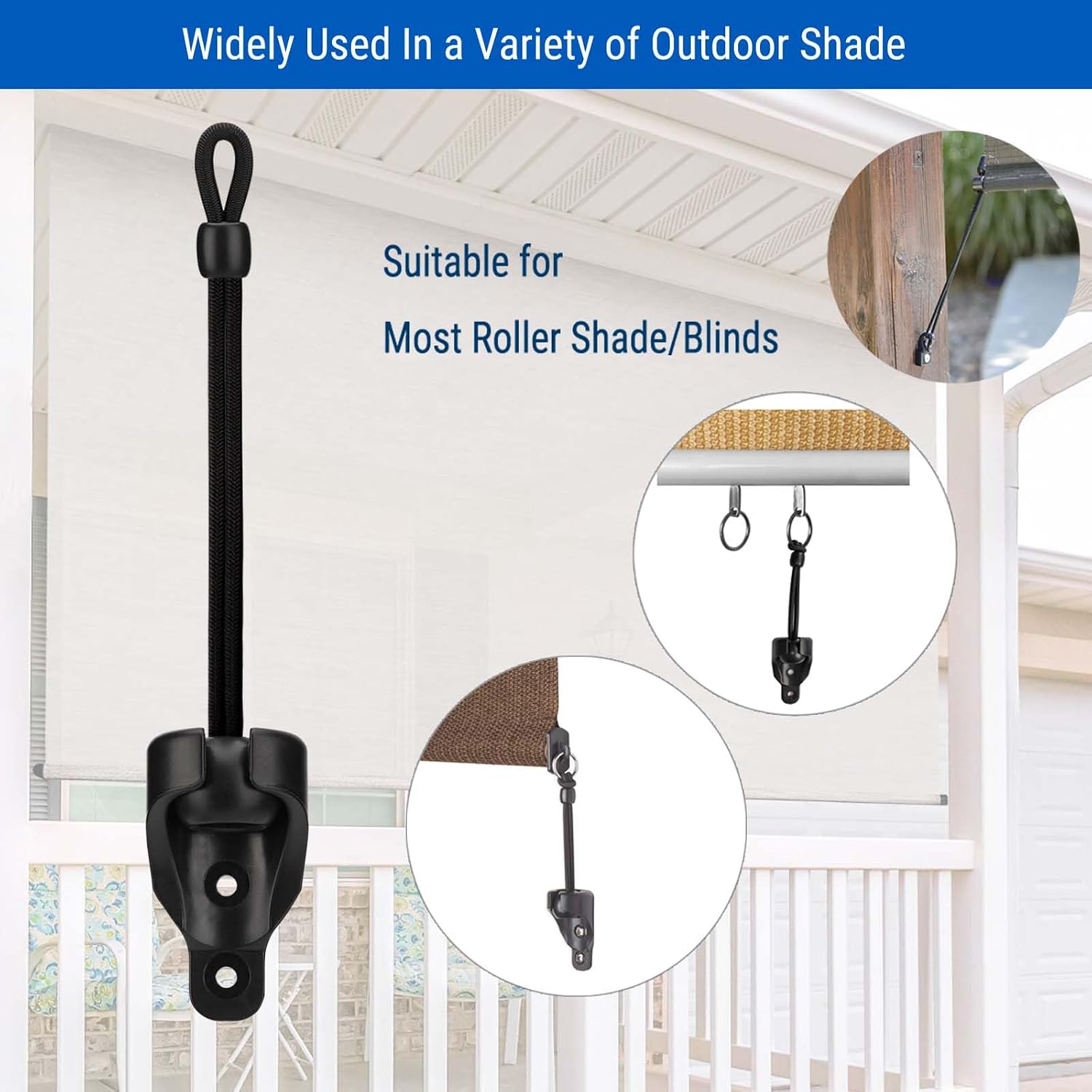 Tie Down Kit for Coolaroo Roller Shades, 8Inch,Black,1Set | Replacement parts for outdoor/indoor roller blinds, canopies & pergolas. Includes bungee receivers, tie downs & screws.