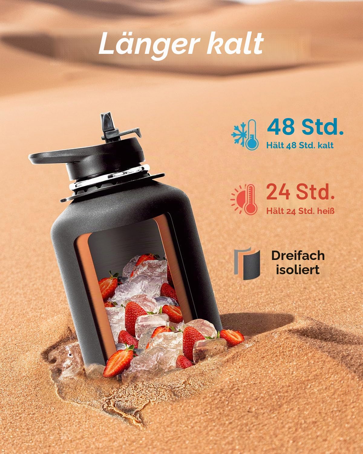 Coolflask Isolierte Wasserflasche 1893 ml mit Riemen, Wasserkrug aus Edelstahl mit Strohhalm und Ausgussdeckel, Große Wasserflasche aus Metall, Auslaufsicher und BPA-frei, Schwarz