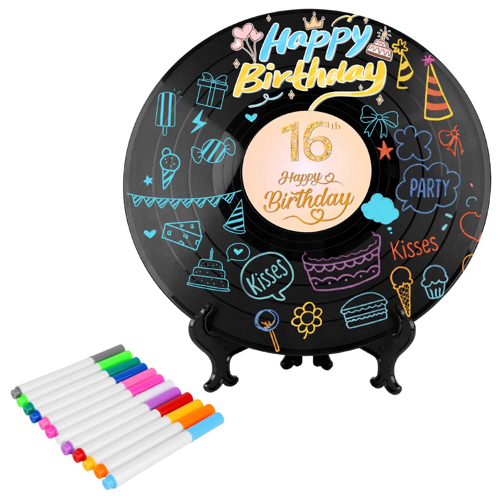 Sweet Vinyl Record Guest Book, 11.8x11.8in/30x30cm 16th Birthday Guest Book Alternative with Pen & Stand Party Favor Sign Poster Birthday Gifts Decorations for Girls Boys (16 Years Old)