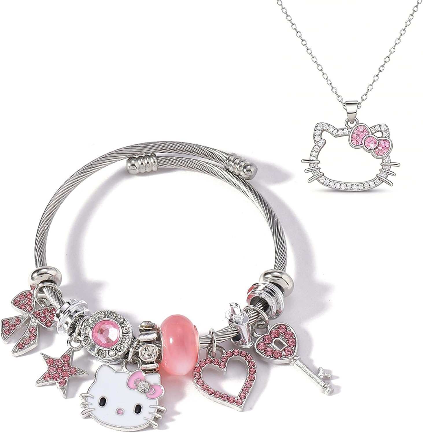 Cute Jewelry Set: Pink Cat Bow Pendant Necklace Bracelet