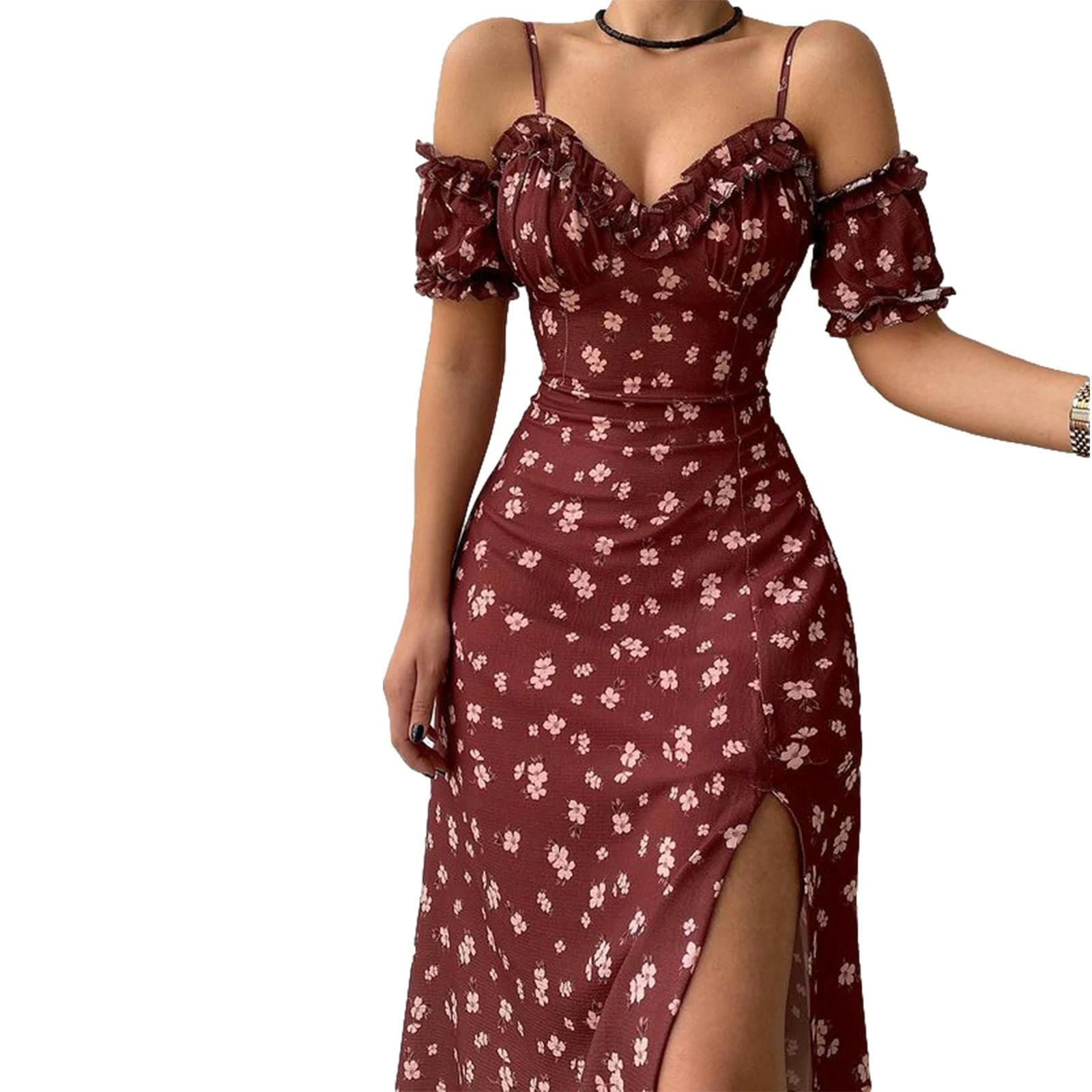 Elegante Estampado Casual de Verano Vestido Dividido Hombro a Hombro Vestido Midi de Manga Corta para Mujeres, Adecuado para Fiestas de Clubes de Vacaciones, HUTALIM, Rojo 2, XL