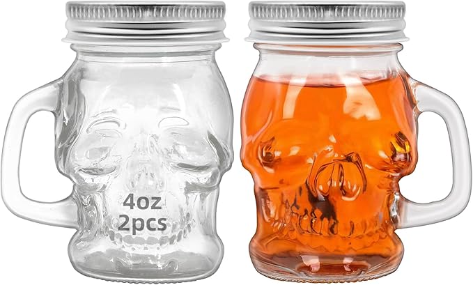 2 Pcs Skull 4 oz Mini Mason Jar Mugs Mason Jar Mugs with Handles and Lids Small Drinking Glass and DIY Favor Decor Wedding Bridal Shower Party Supplies for Drinks, Gifts, Candles and Crafts