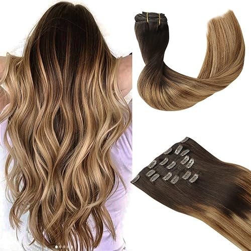 Clip in Hair Extensions, hotbanana Balayage Ombre Brown to Dirty Blonde Clip in Hair Extensions Real Human Hair Straight Remy Hair Clip in Hair Extensions 16 inch 120g 7pcs