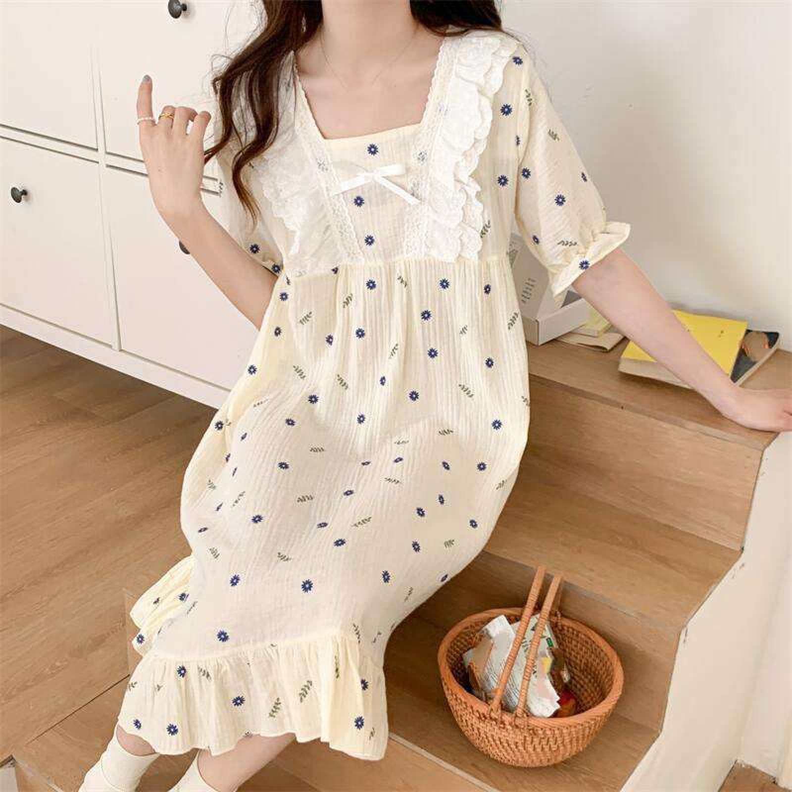 Damen-Nachthemd Aus Baumwoll-Jacquard, Loungewear – Sommer, Süßer Blumendruck, Spitze, Quadratischer Ausschnitt, Spitze, Kurzärmeliges Kleid, Schleifenknoten-Nachthemd, Homewear, Modisches Mädc