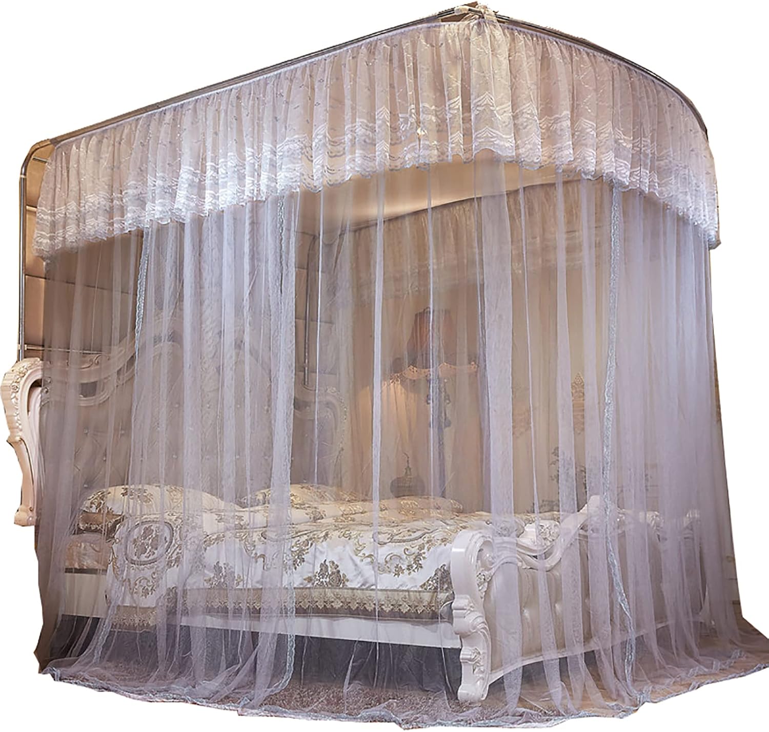 Generic Princess Bed Canopy Curtain Dreamy Mosquito Net Bedding 4 Corners Post Birthday Present for Bed Canopy for Adult Cozy Drape Netting,White,1.2x2m