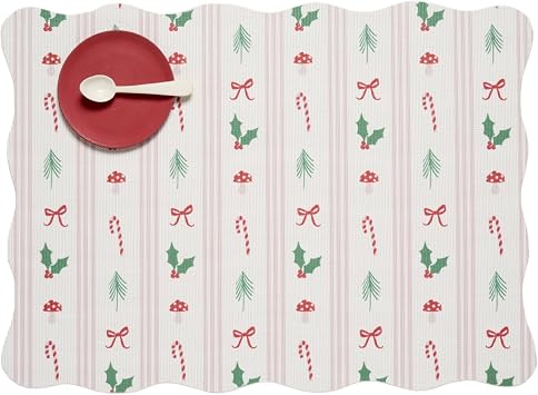 Meri Meri x Chilewich Festive Icon Stripe Woven Placemats - Scalloped-Edge Dining Table Mats - Reusable, Stain-Resistant, Indoor/Outdoor Tabletop Protection - 18.5" x 13.5"
