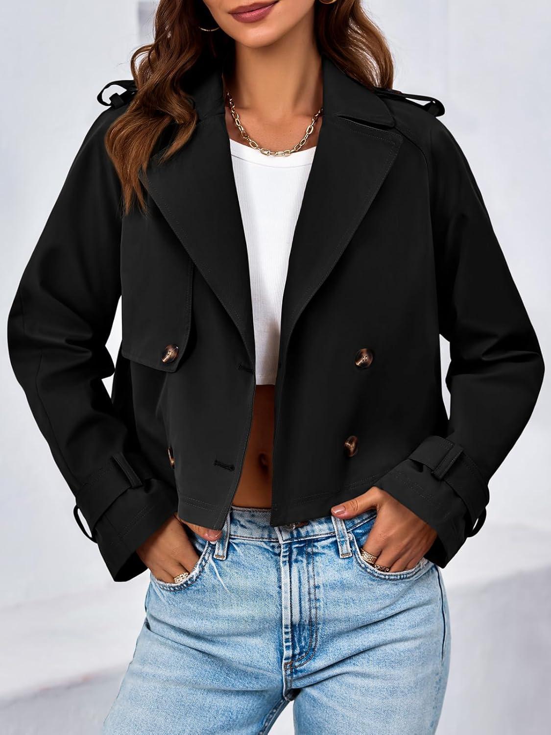 Tankaneo Womens Cropped Trench Coat Lapel Double Breasted Short Jacket Outwear - Image 2