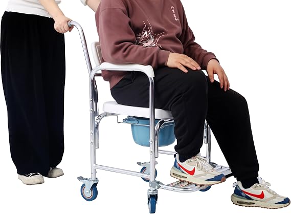 4-in-1 Shower Commode Wheelchair, 330lbs Capacity Bedside Commode Chair with Wheels & Tissue Holder, Portable Rolling Shower Chair with Arms for Elderly, Injured, Disabled