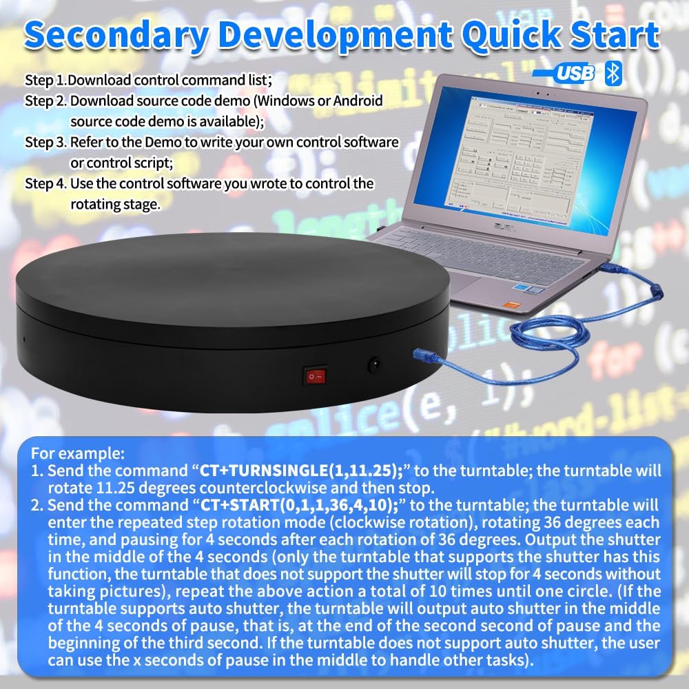 Programmable Motorized Electric Turntable Command-Controlled Rotating Platform Photography Turntable Secondary Development Motorized Electric Lazy Susan for 3D Scaner or Display with USB/Bluetooth