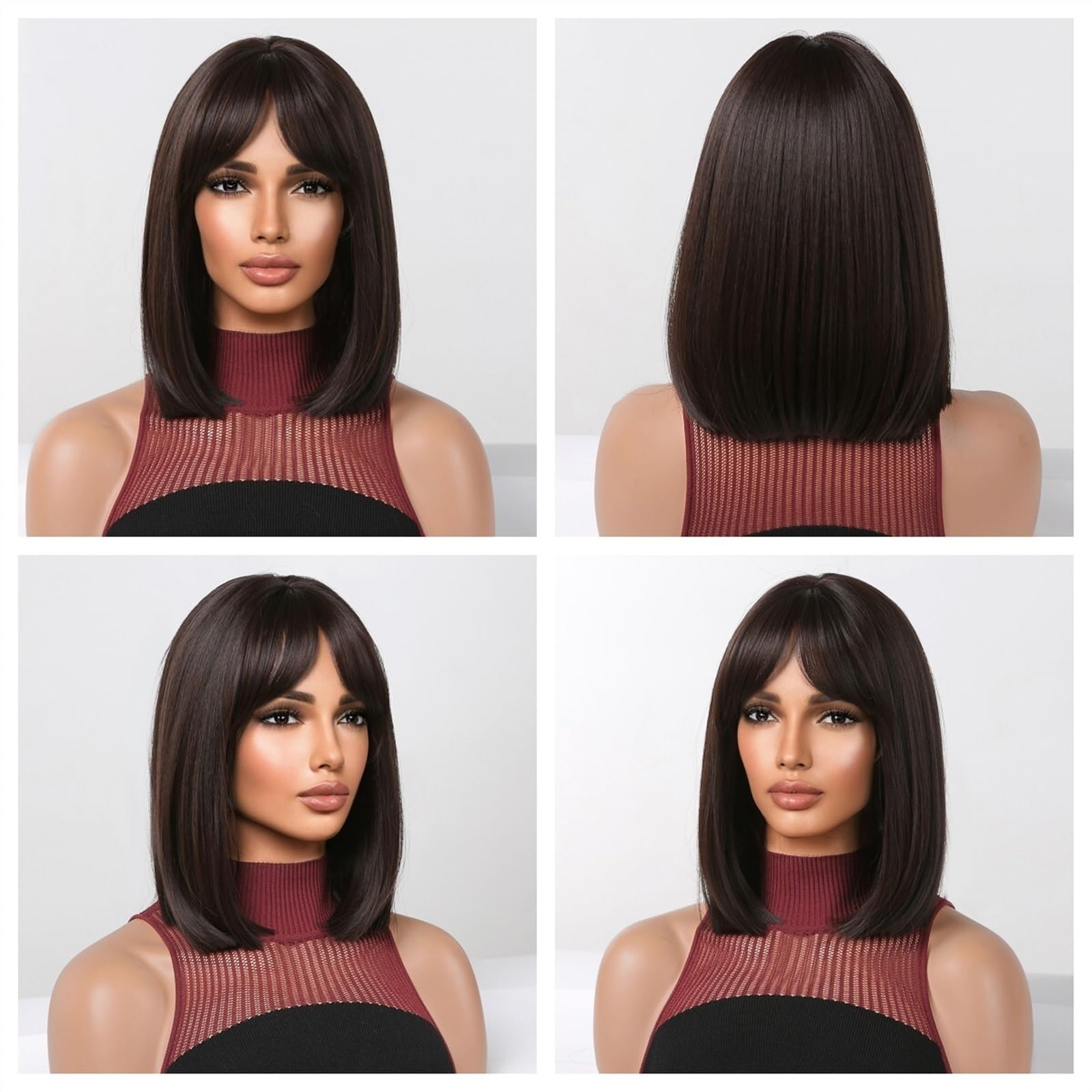 Damskie Peruki Syntetyczne Włosy Krótkie Bob Ciemny Brąz Z Grzywką Prosto Cosplay Peruka Naturalne dla Kobiet Afro Cut Rzym Żaroodporne Włosy Syntetyczne